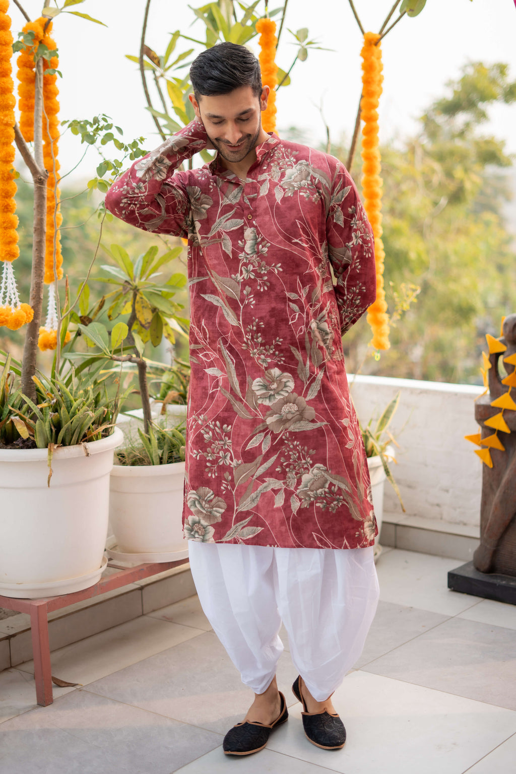The Rosewood Long Kurta With Botanical Print and Foil Work