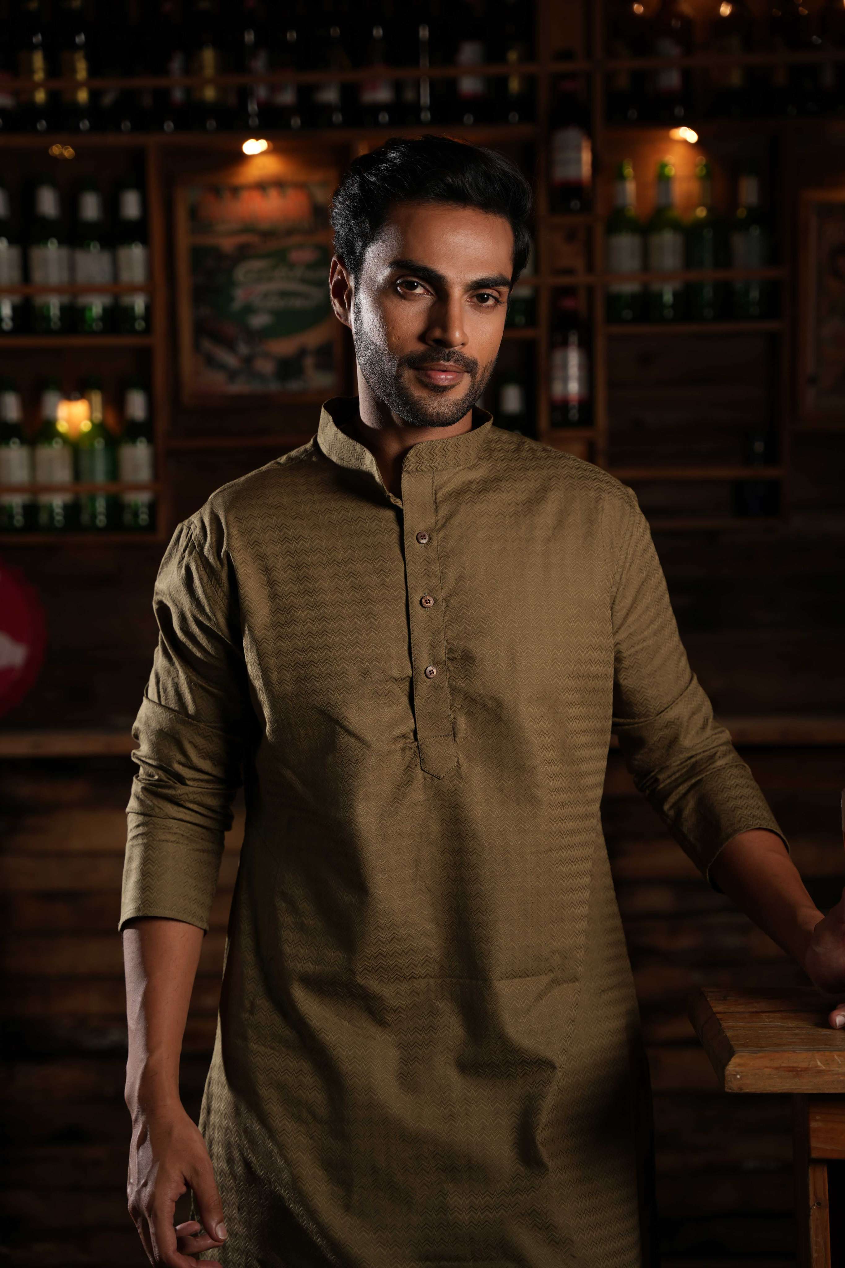 The Moss Brown Chevron Long Kurta