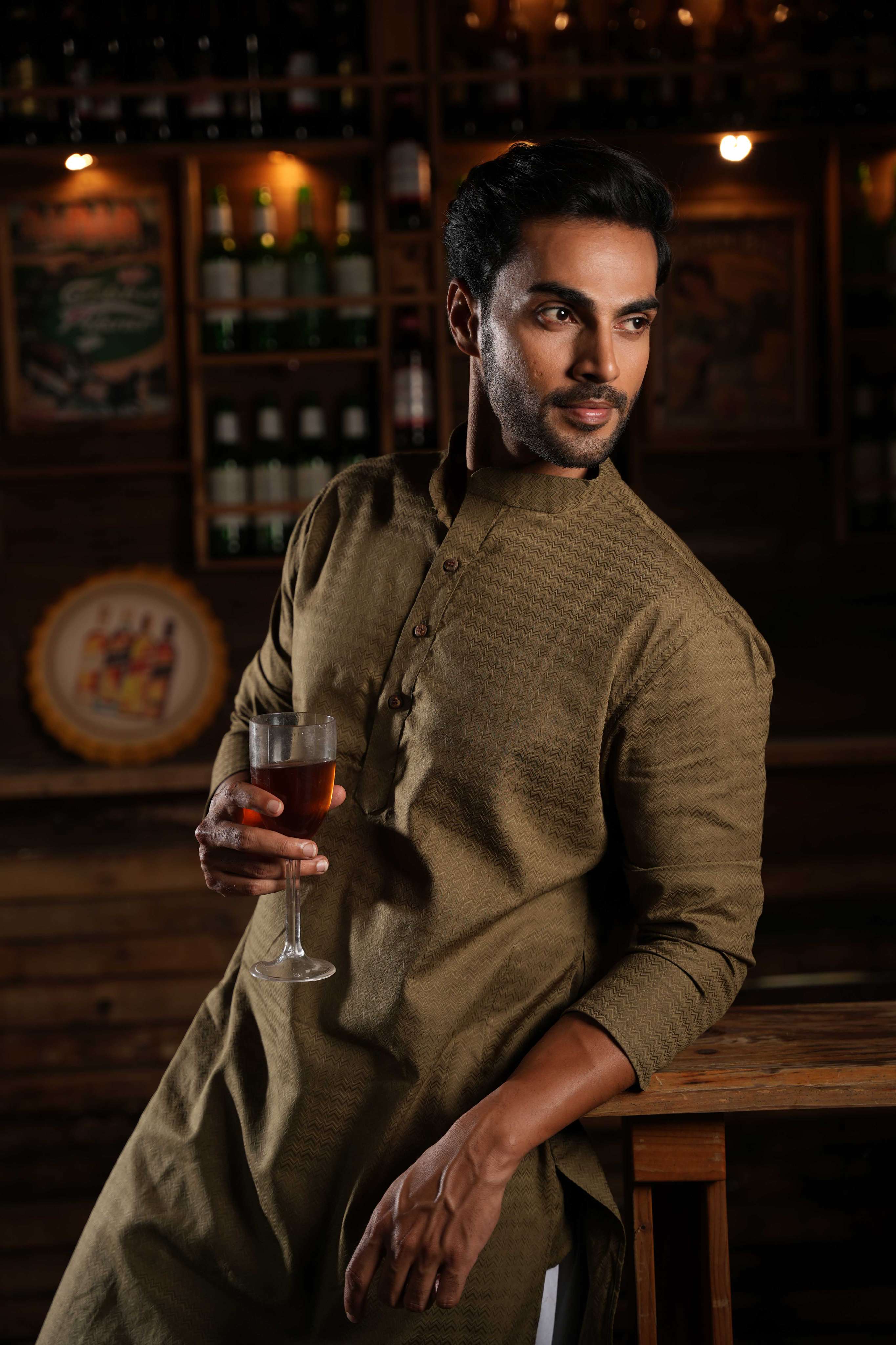 The Moss Brown Chevron Long Kurta