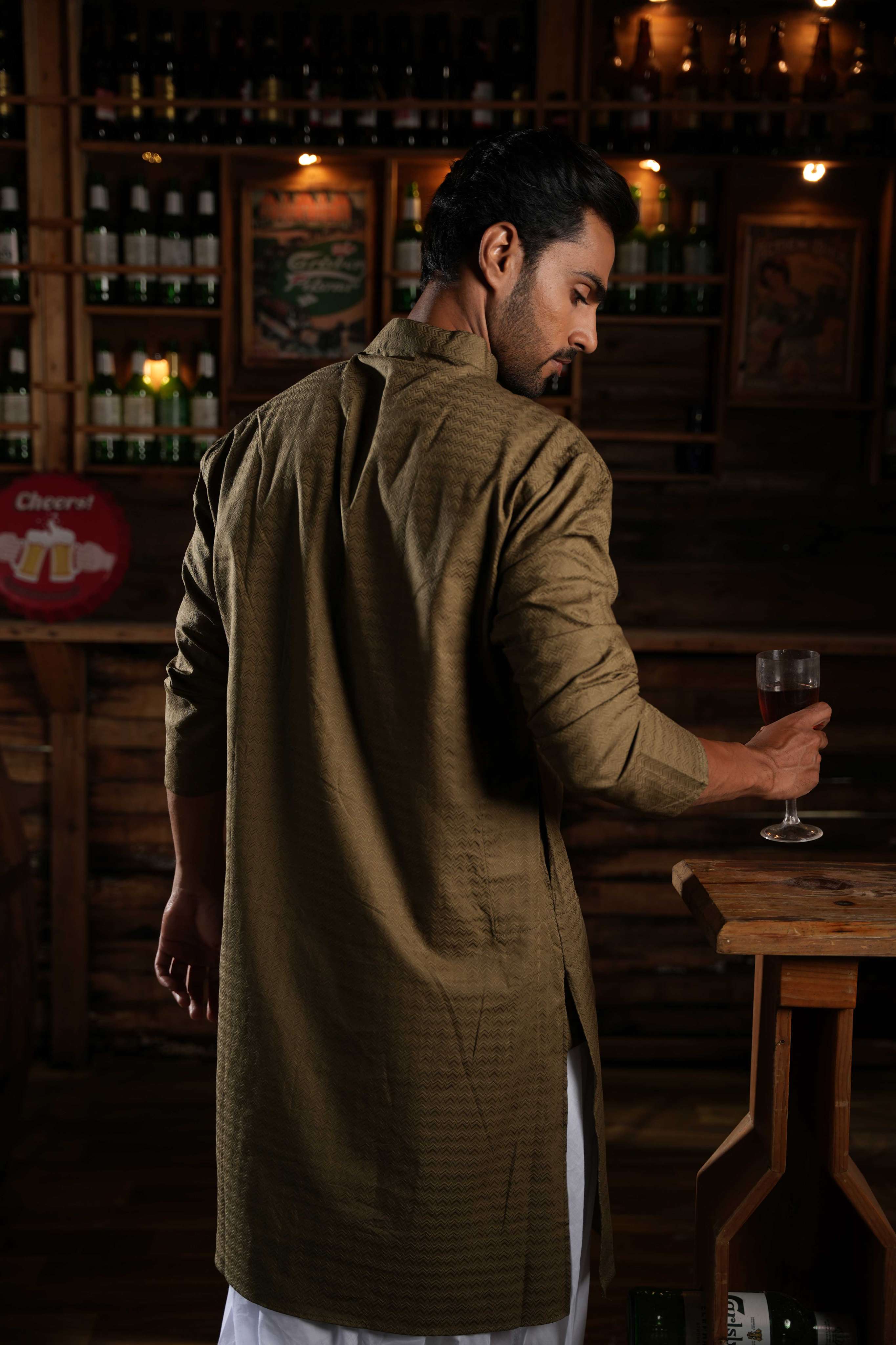 The Moss Brown Chevron Long Kurta