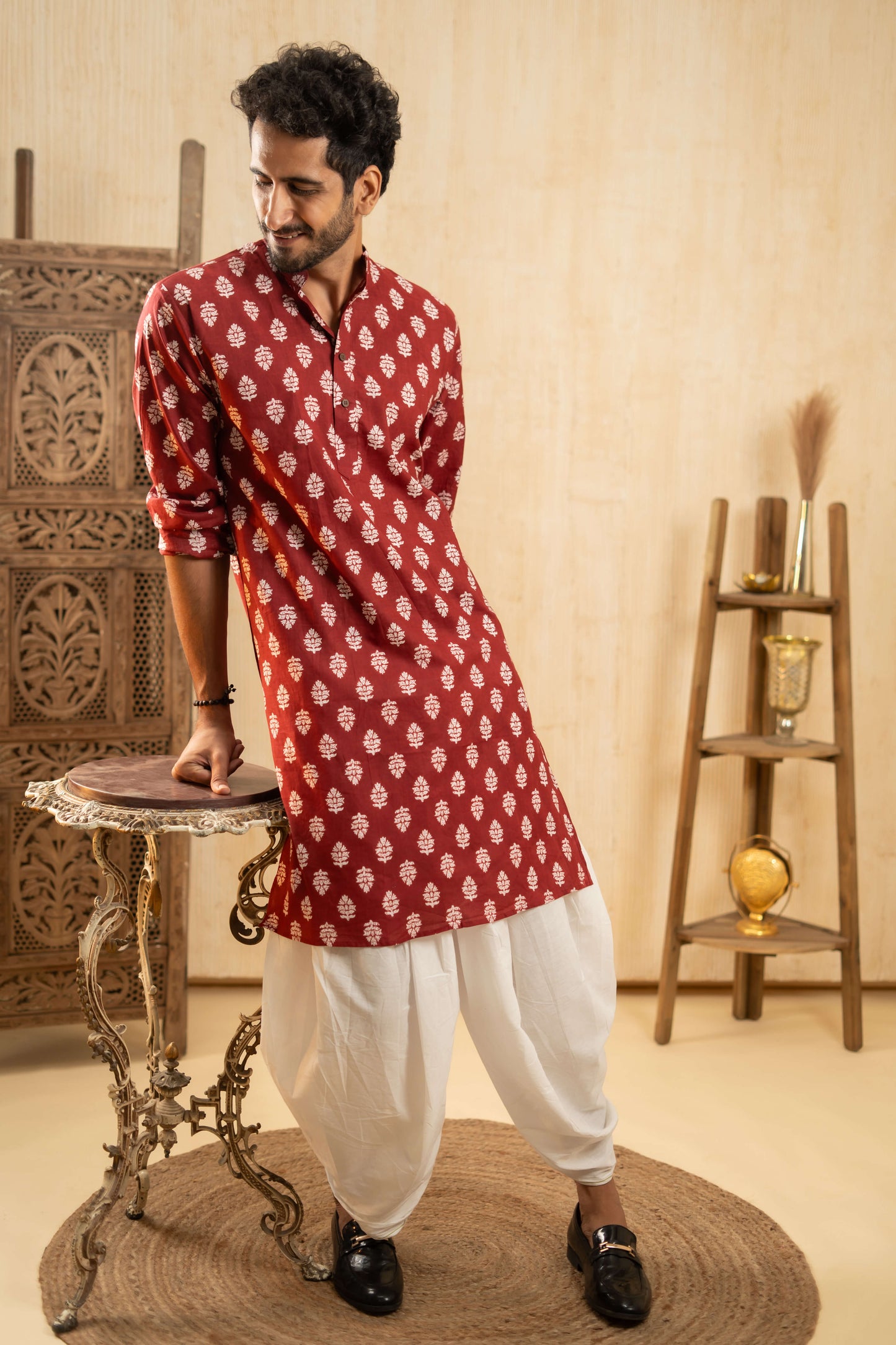The Blood Red Long Kurta With White Flower Print