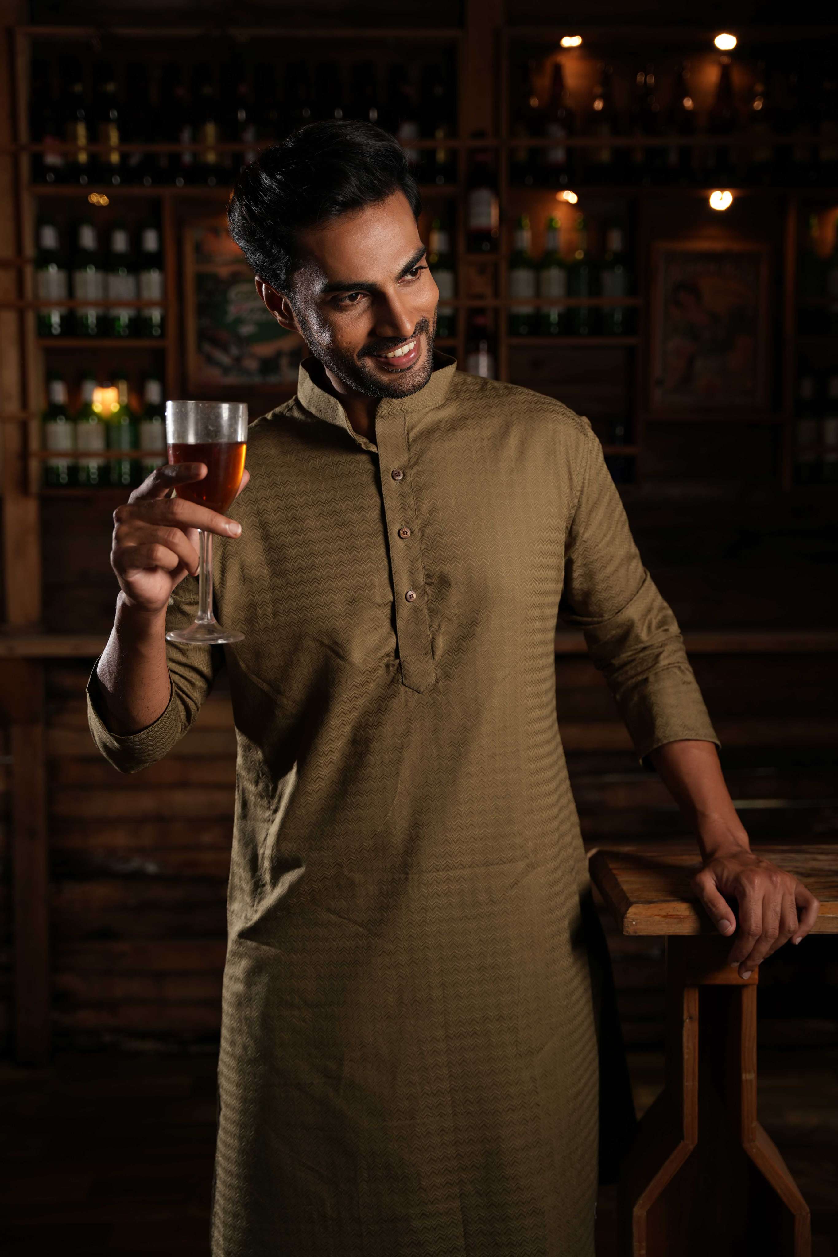 The Moss Brown Chevron Long Kurta