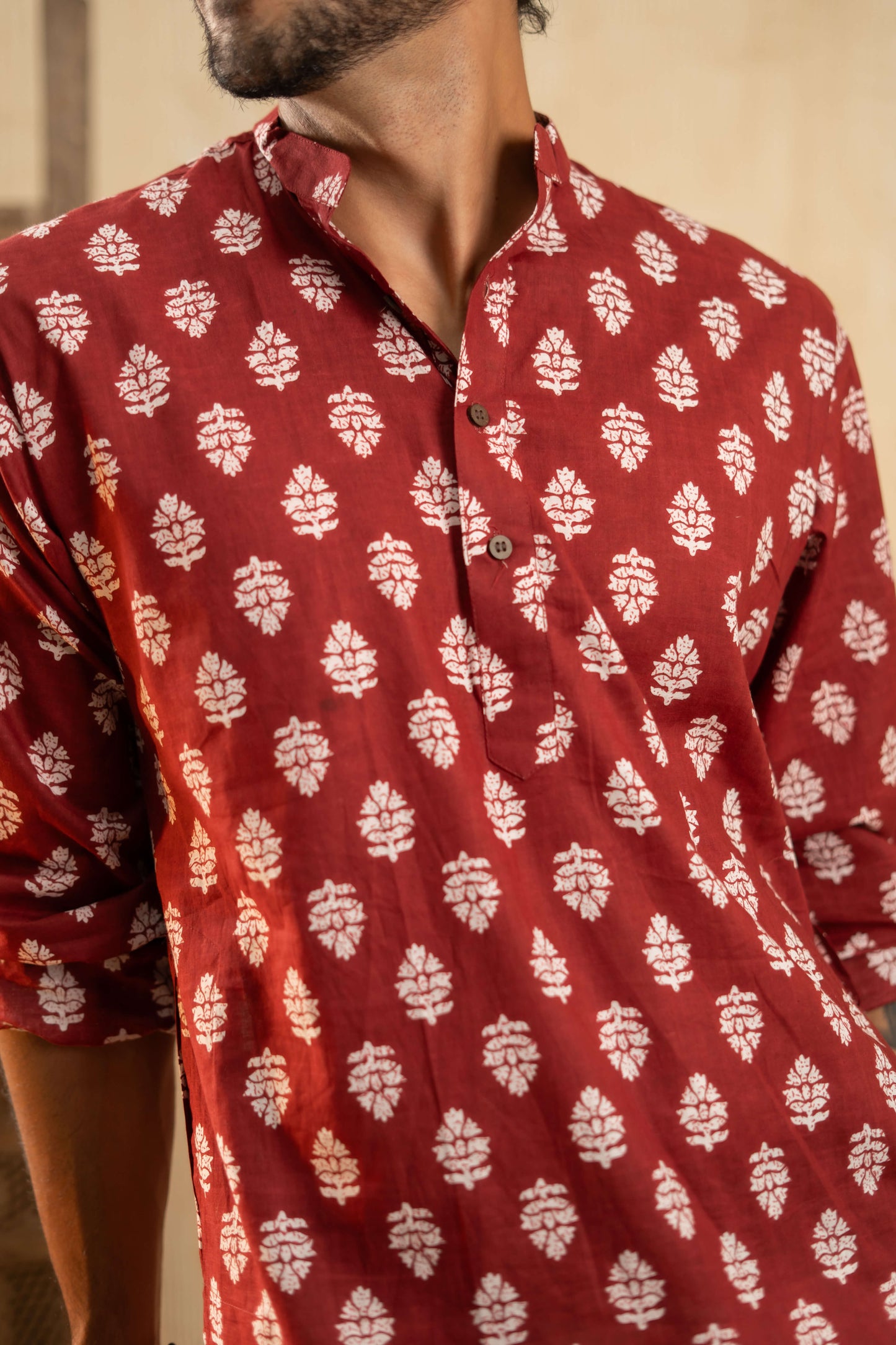 The Blood Red Long Kurta With White Flower Print