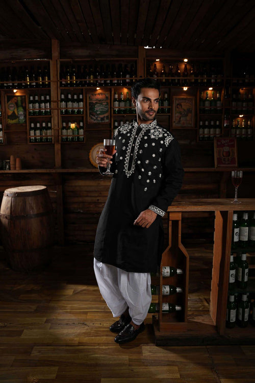 The Black Embroidered Festival Long Kurta