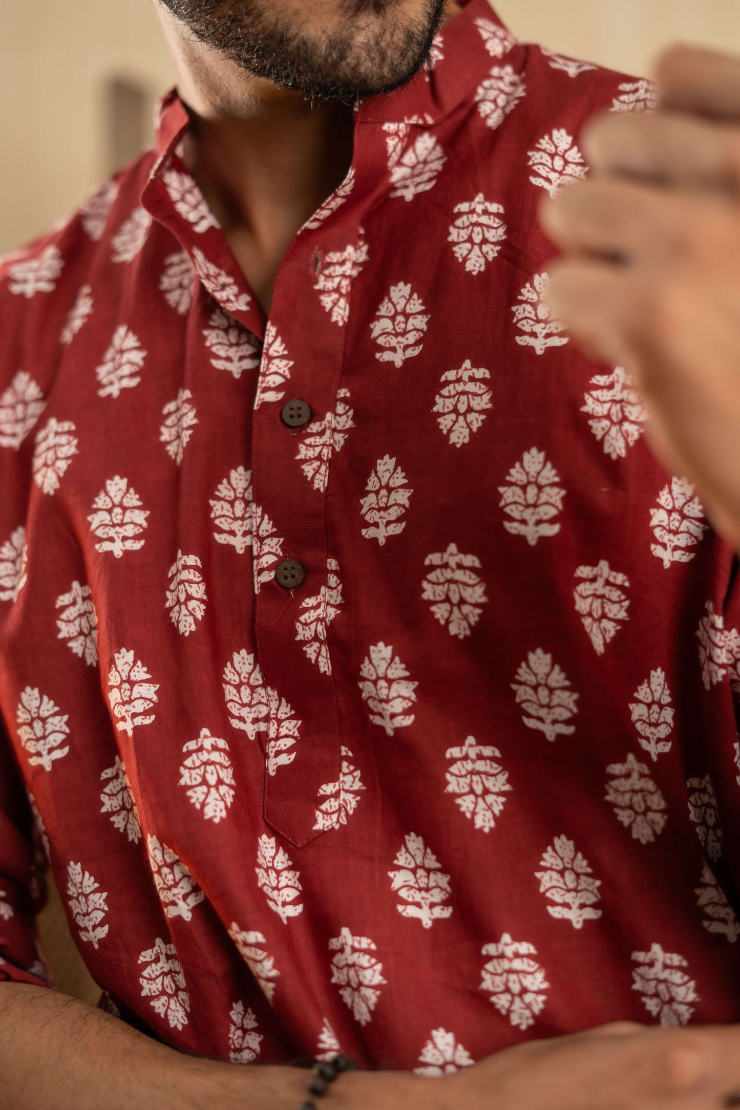 The Blood Red Long Kurta With White Flower Print