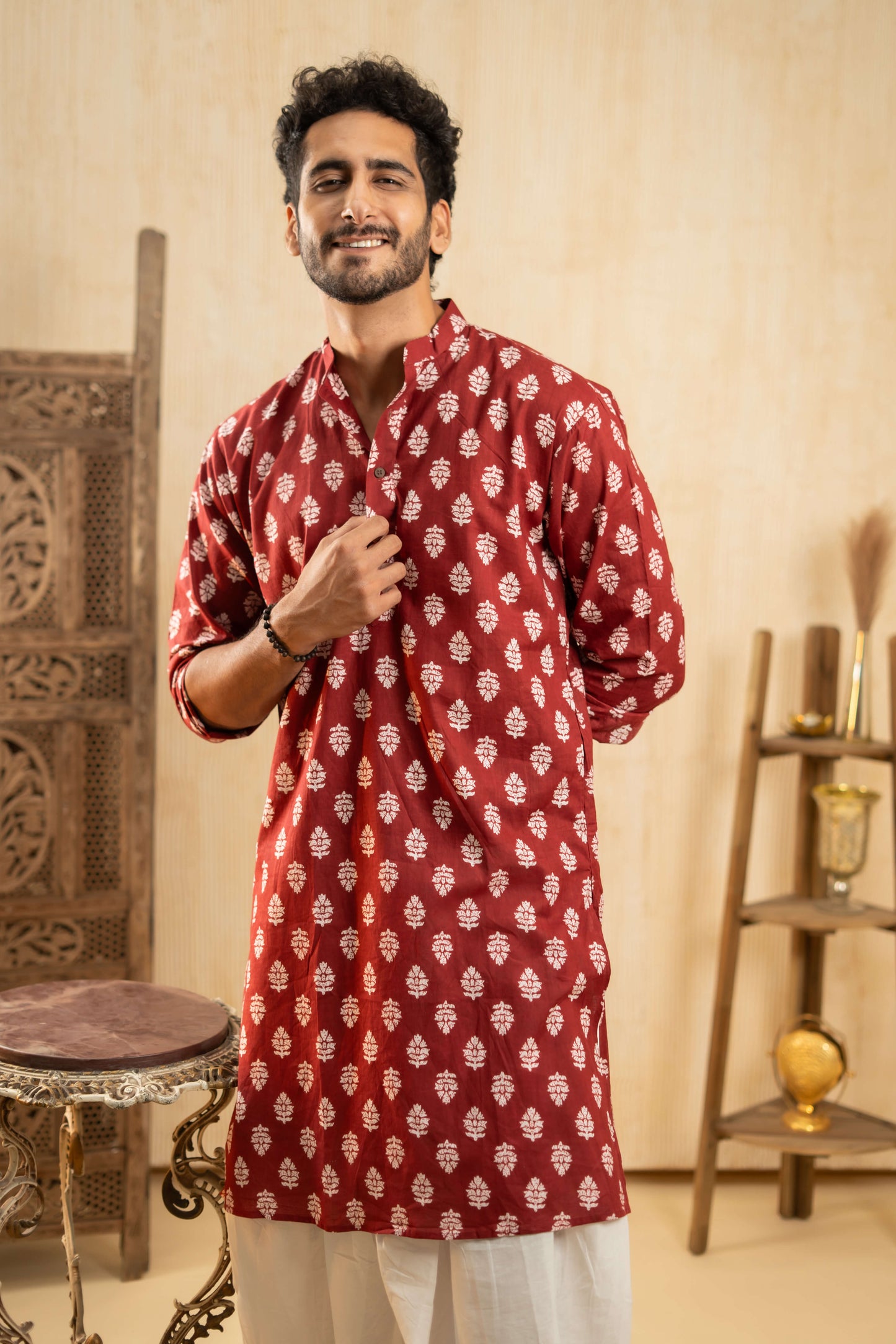 The Blood Red Long Kurta With White Flower Print