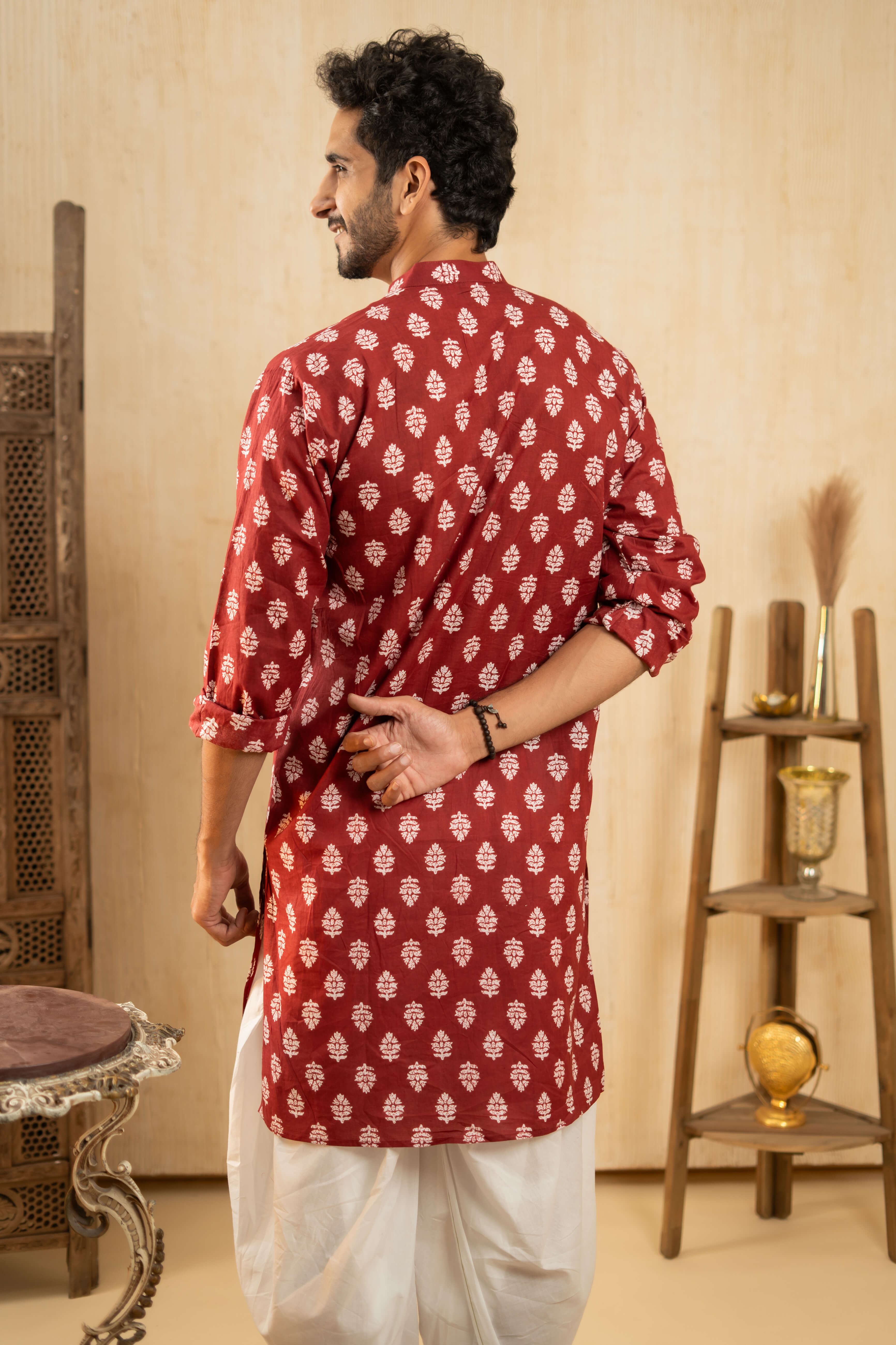 The Blood Red Long Kurta With White Flower Print