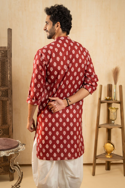 The Blood Red Long Kurta With White Flower Print