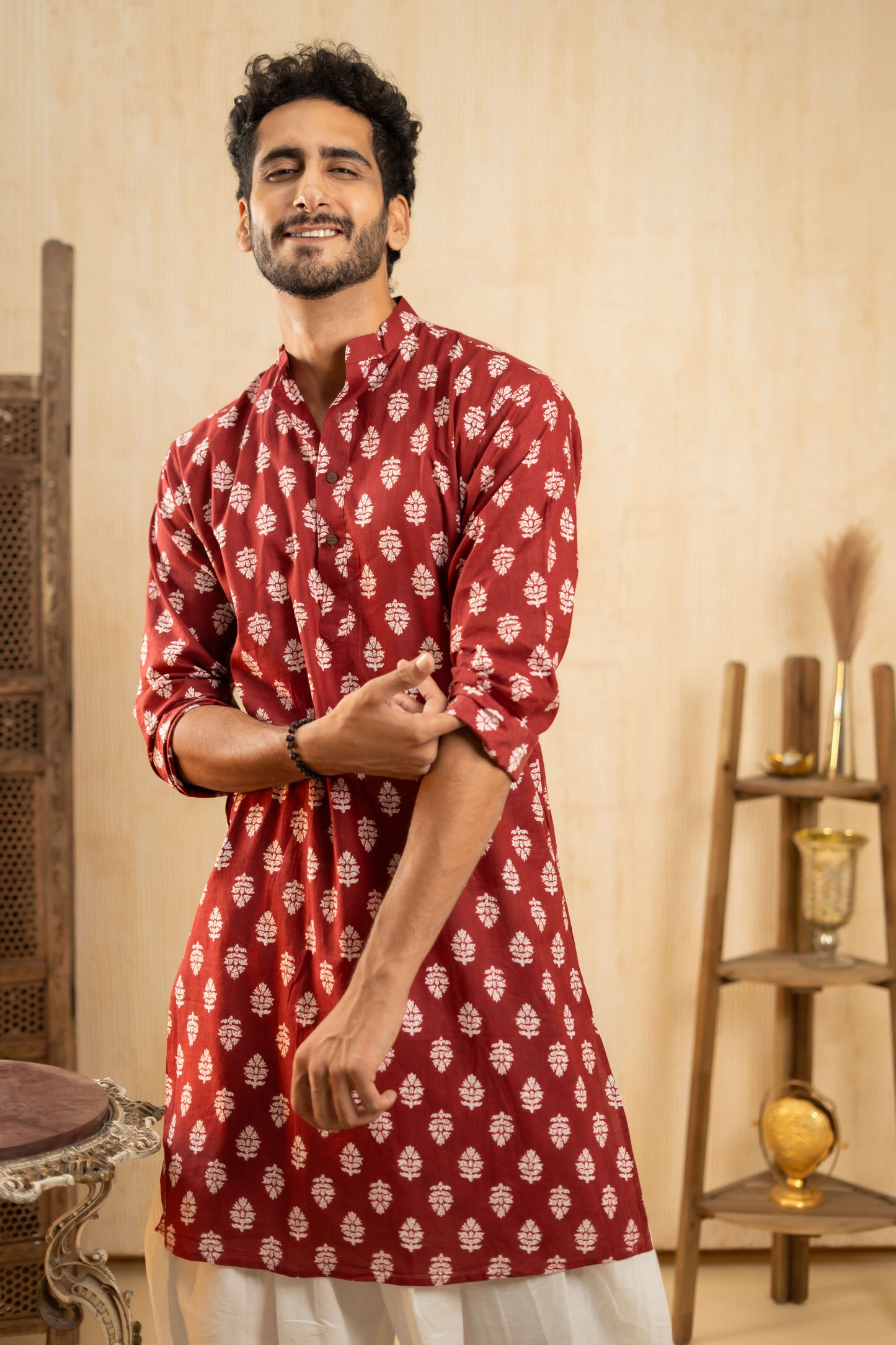 The Blood Red Long Kurta With White Flower Print