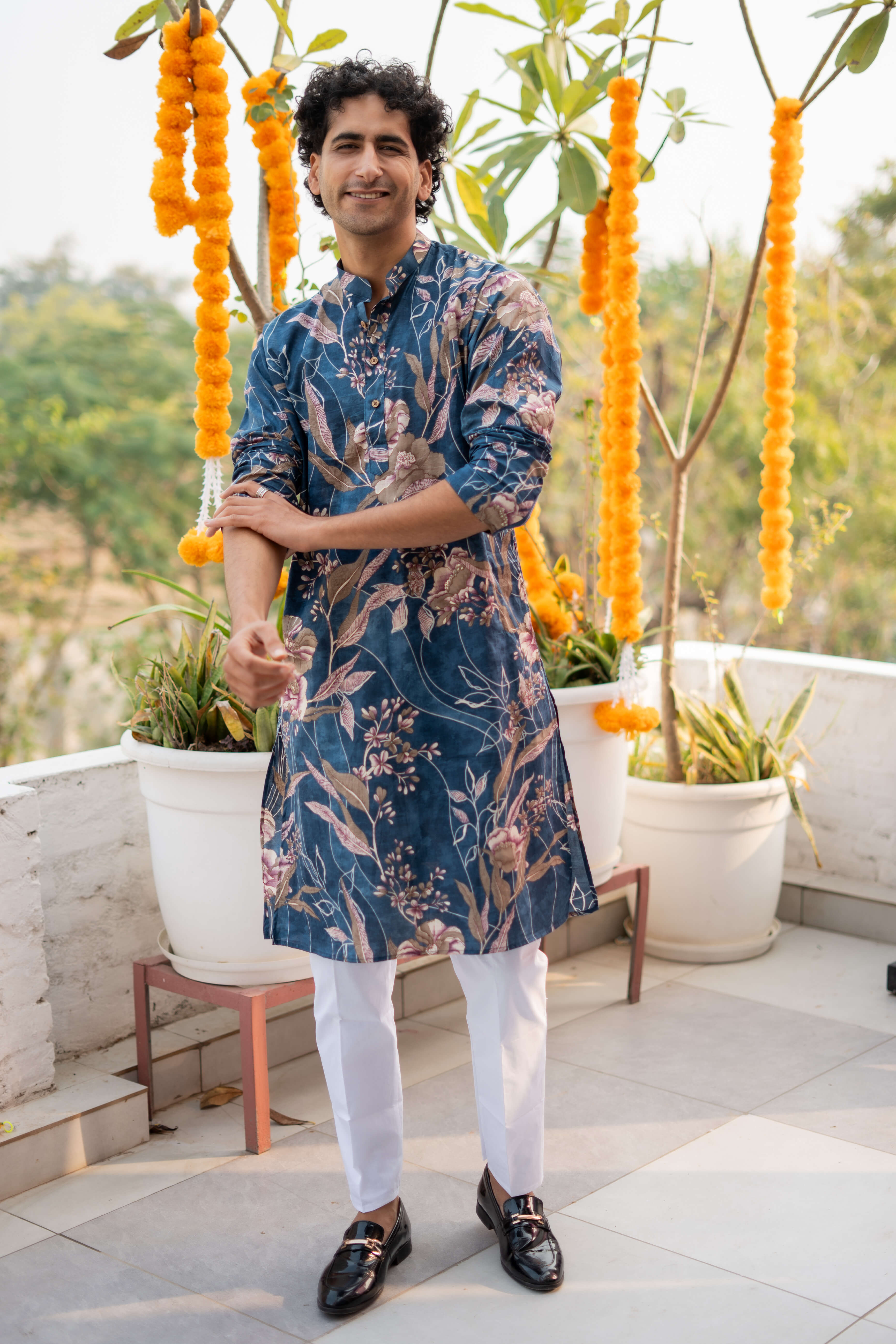 Indian man wearing blue kurta for men