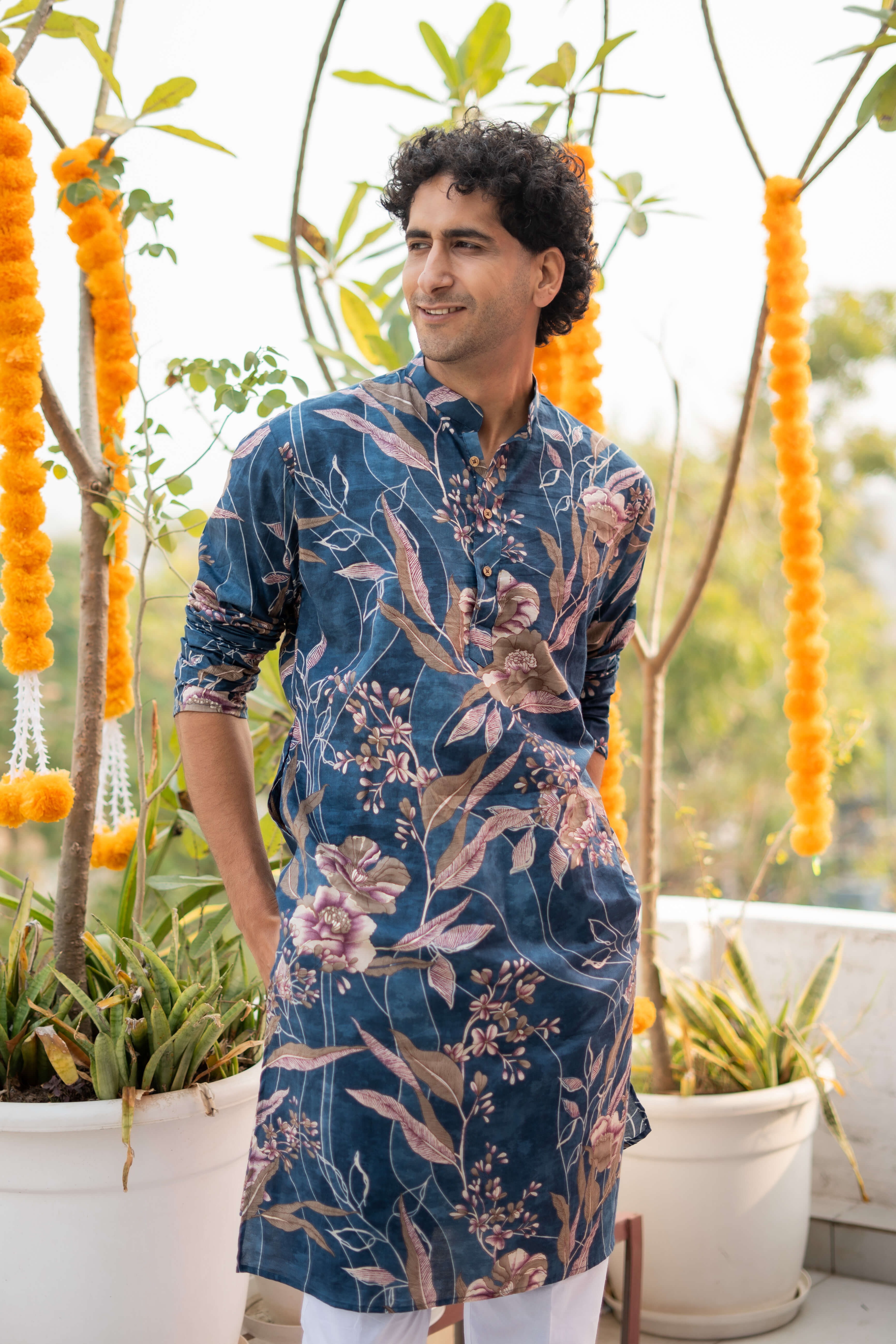 The Sapphire Blue Long Kurta With Botanical Print And Foil Work