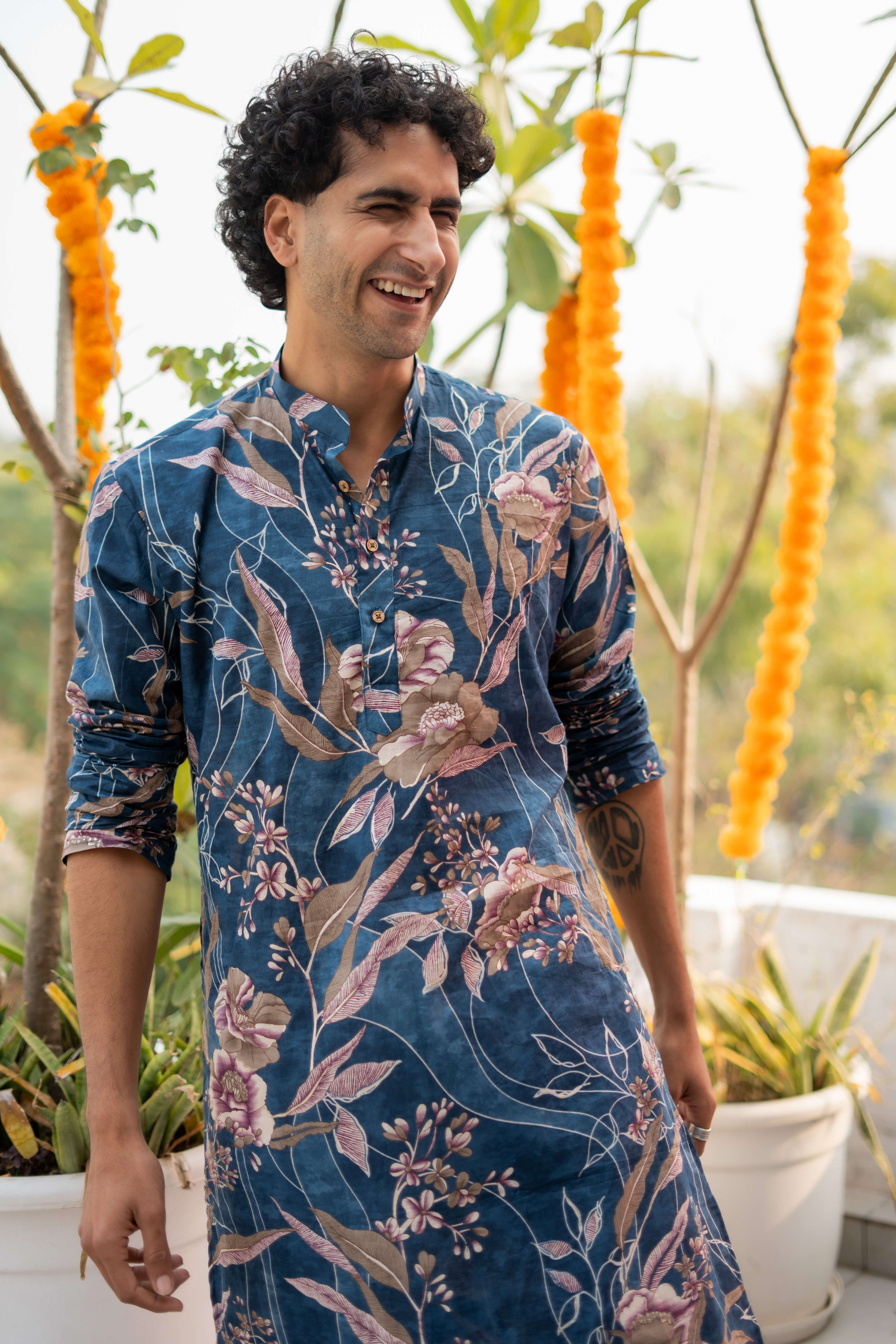 The Sapphire Blue Long Kurta With Botanical Print And Foil Work