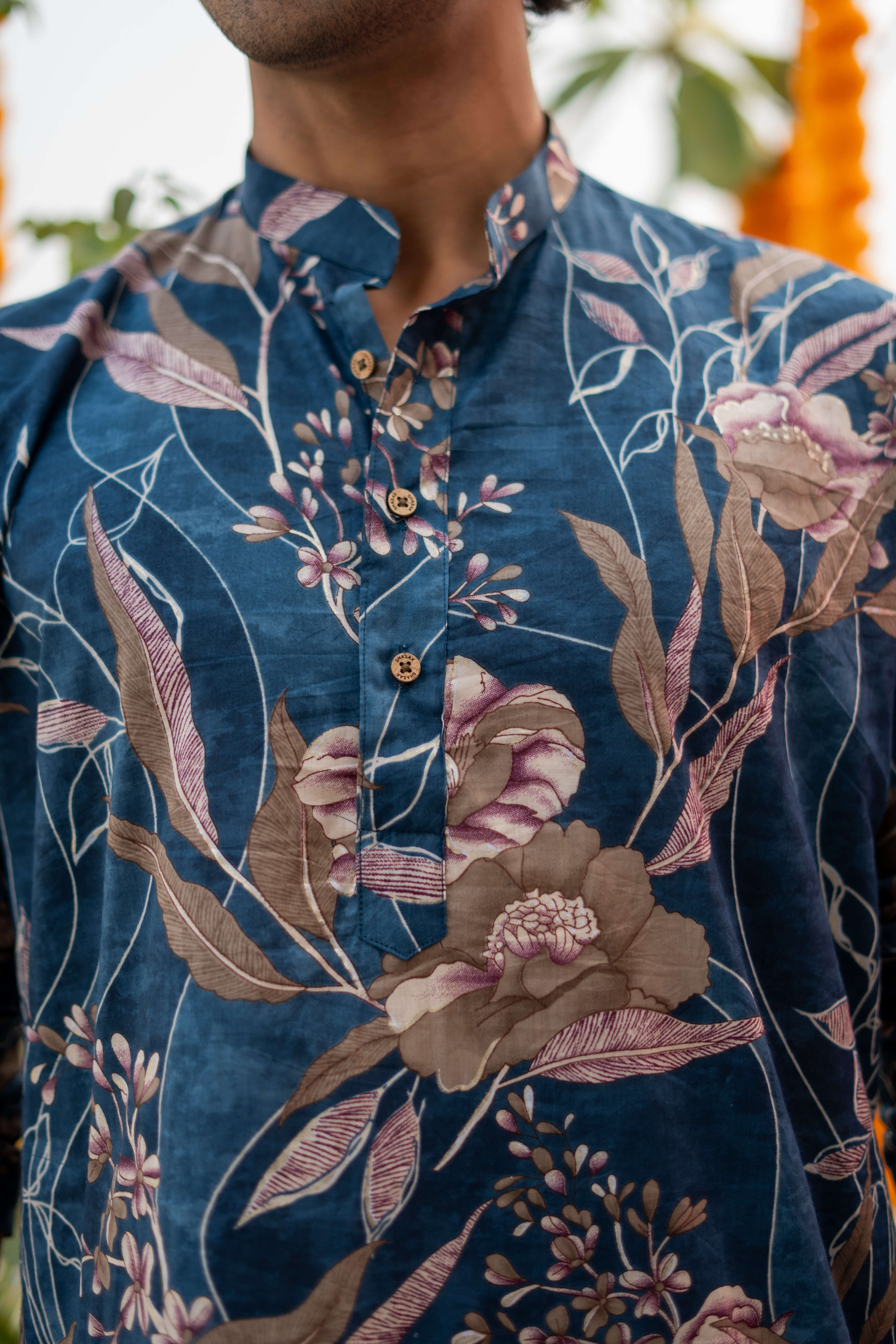 blue long kurta with flower print