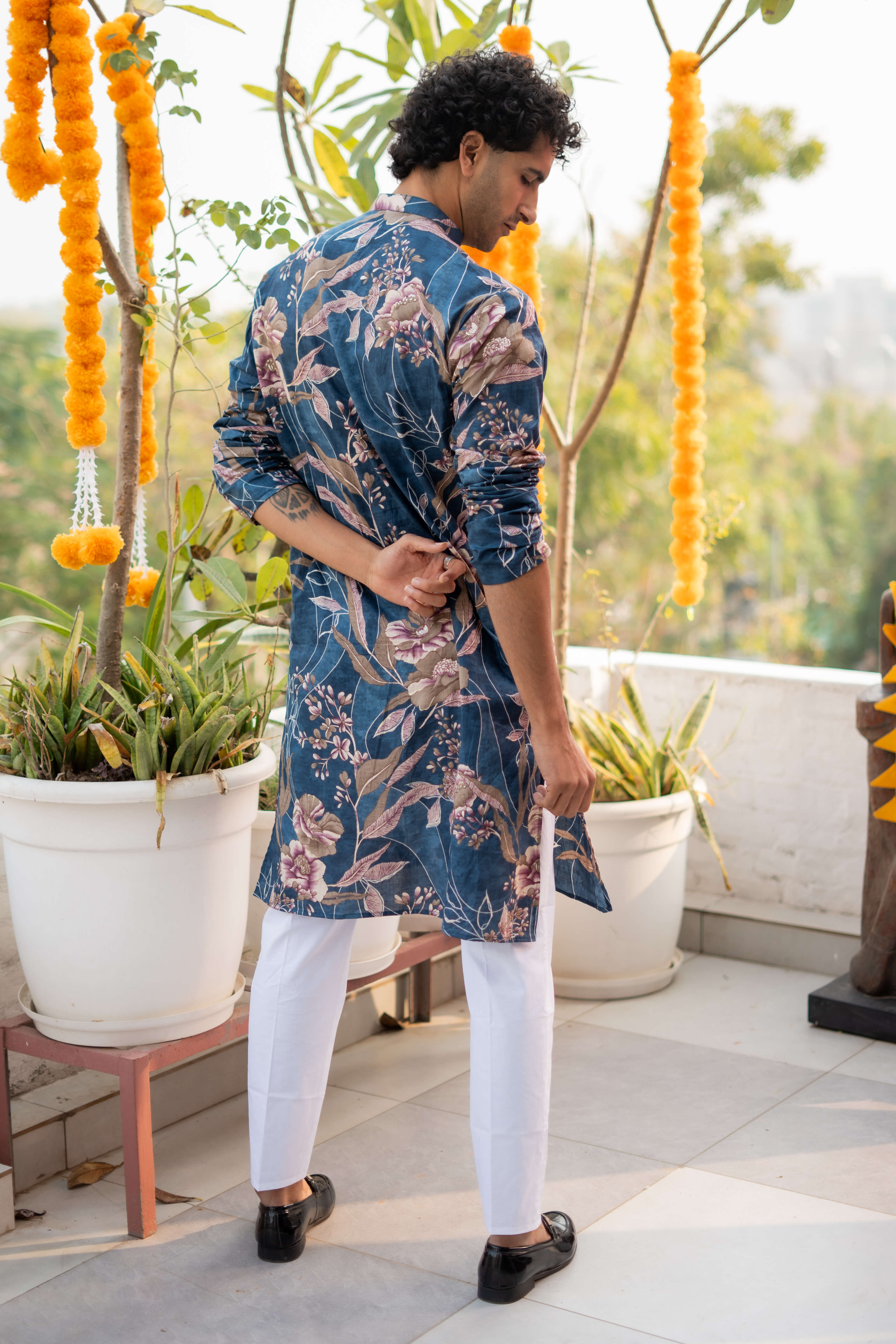 The Sapphire Blue Long Kurta With Botanical Print And Foil Work