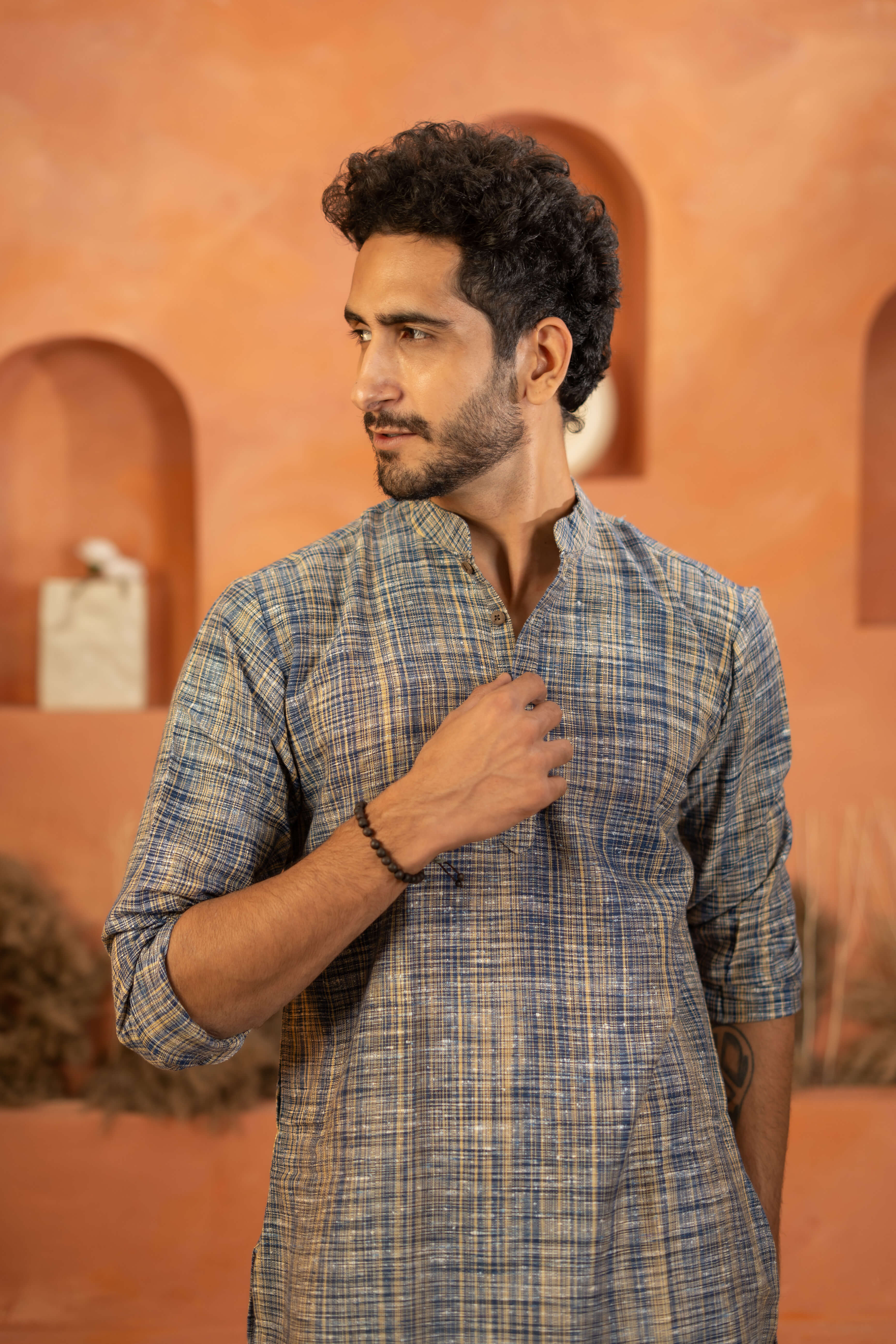 The Rustic Handwoven Long Kurta in Marble Blue and Light Brown Color
