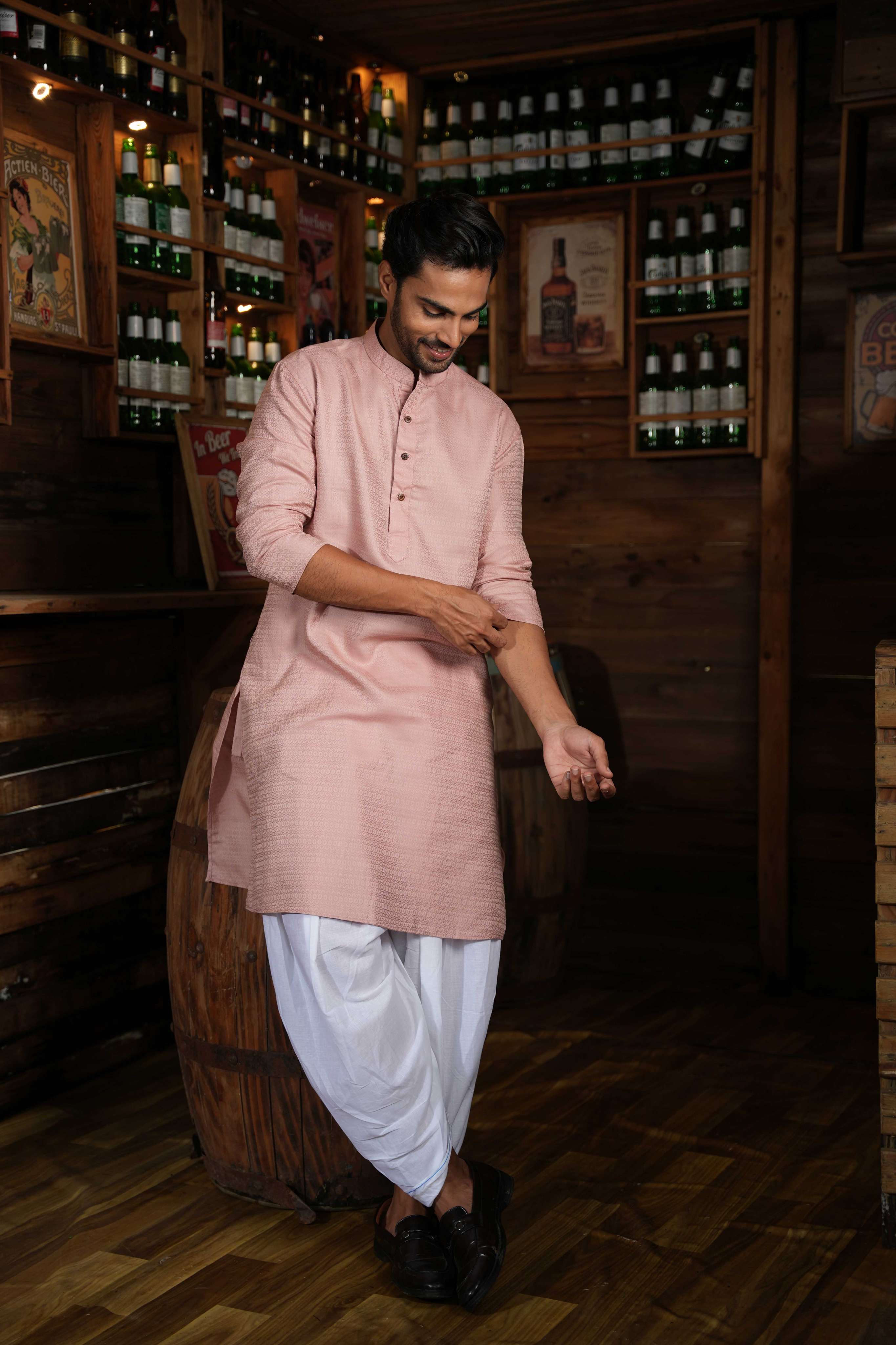 The Pastel Pink Self Work Long Kurta
