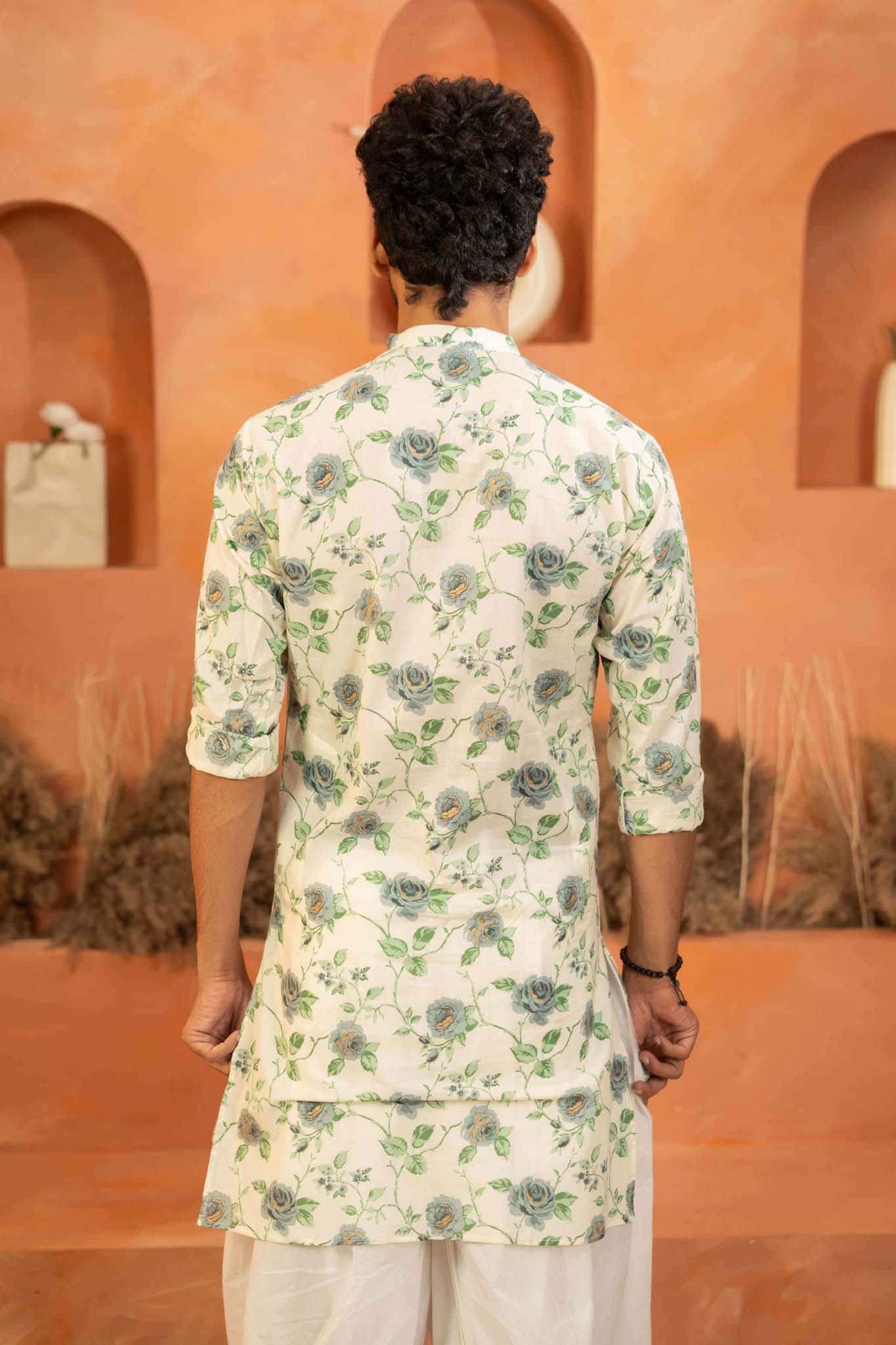 The White Long Kurta With Blue Flower And Vines Print