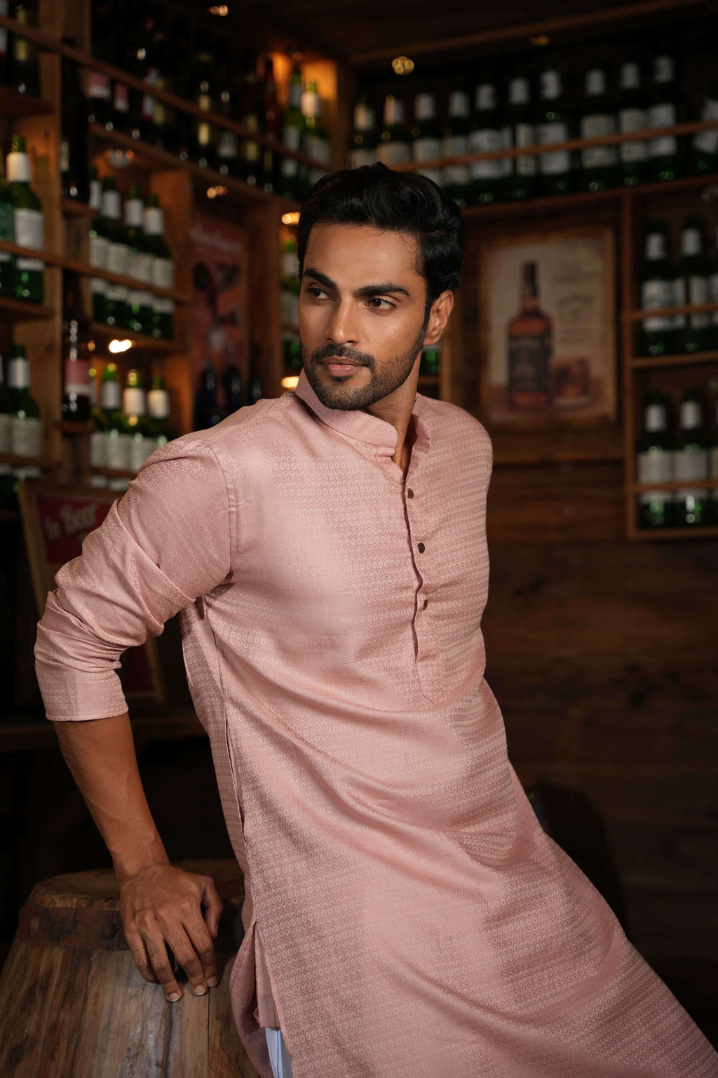 The Pastel Pink Self Work Long Kurta