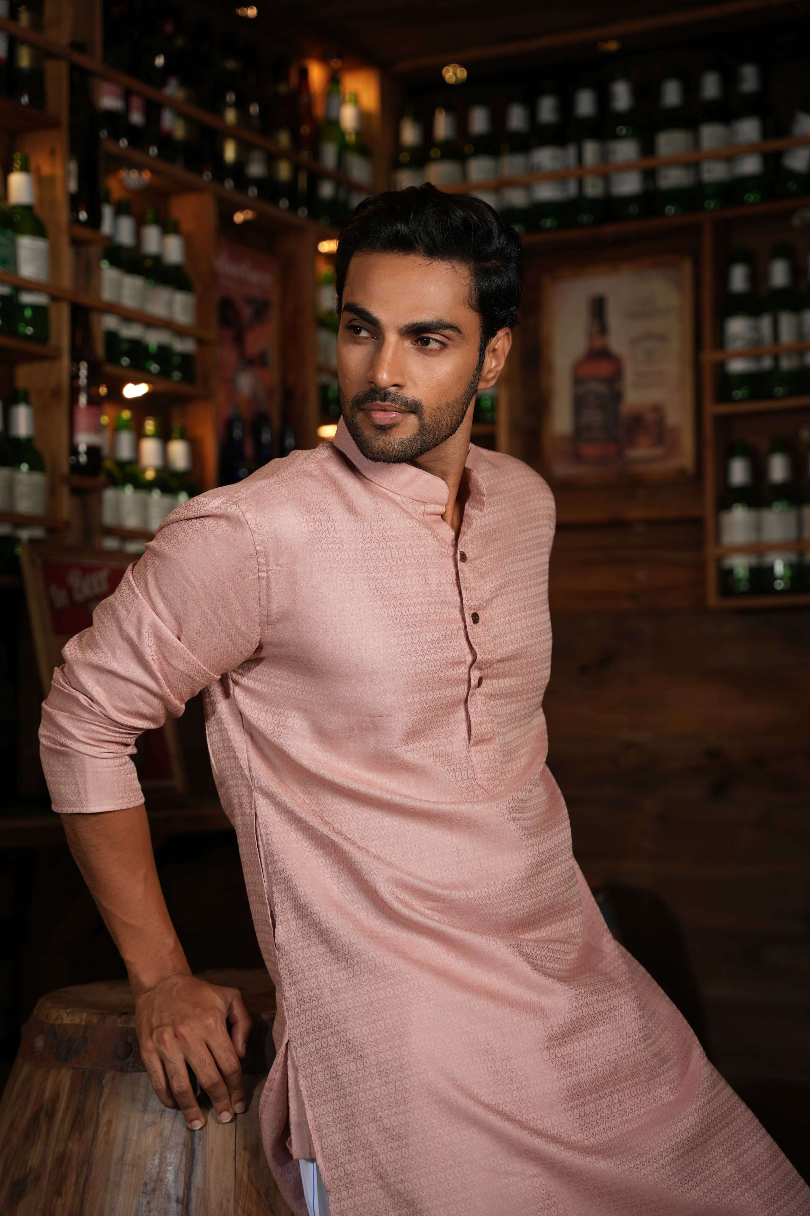 The Pastel Pink Self Work Long Kurta