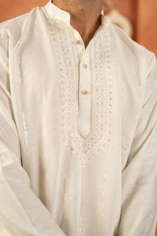 white long kurta with classic embroidery work