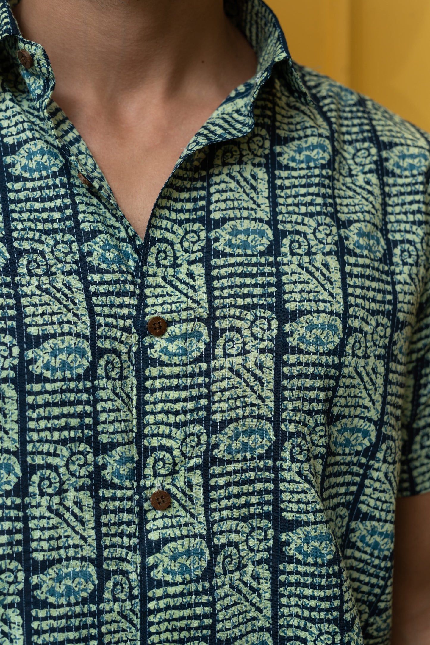 The English Green And Blue Tribal Print Kantha Work Half Sleeves Shirt
