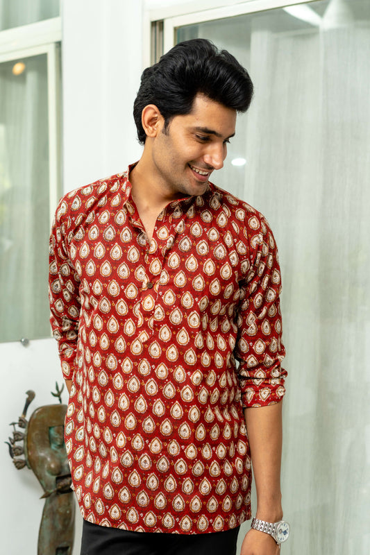 The Bagru Red Floral Print Short Kurta