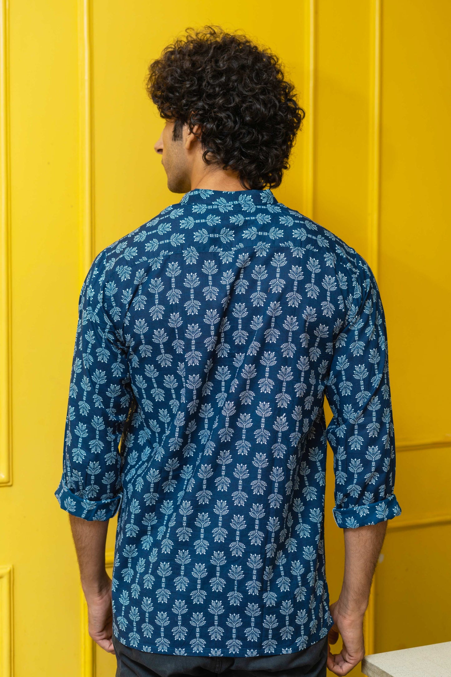 The Navy Blue Short Kurta With White Tribal Print