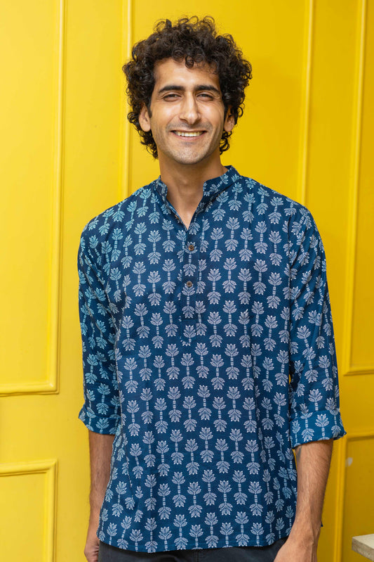 The Navy Blue Short Kurta With White Tribal Print