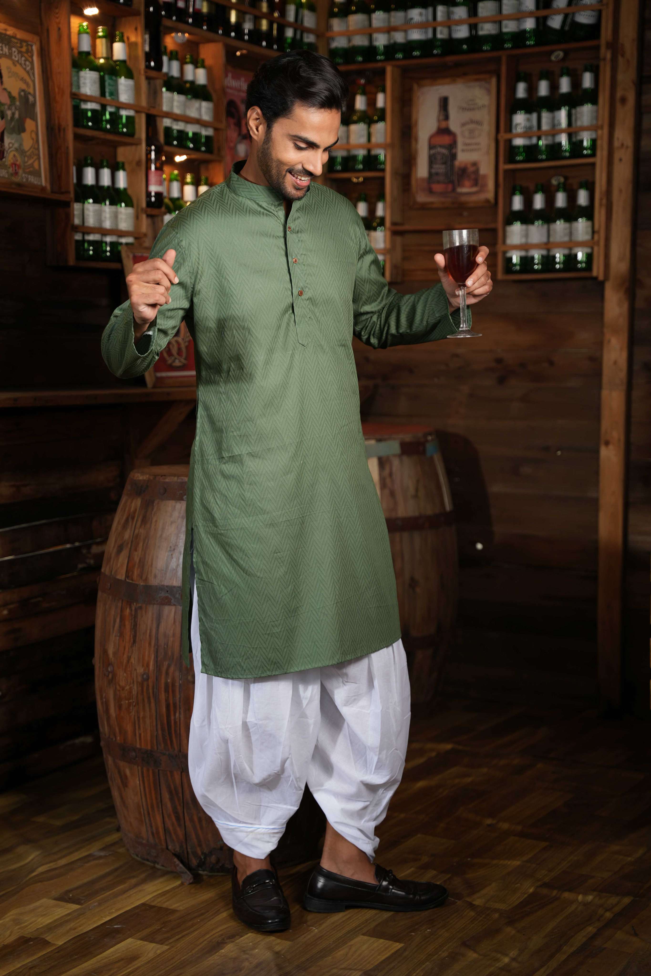 The Olive Green Chevron Long Kurta