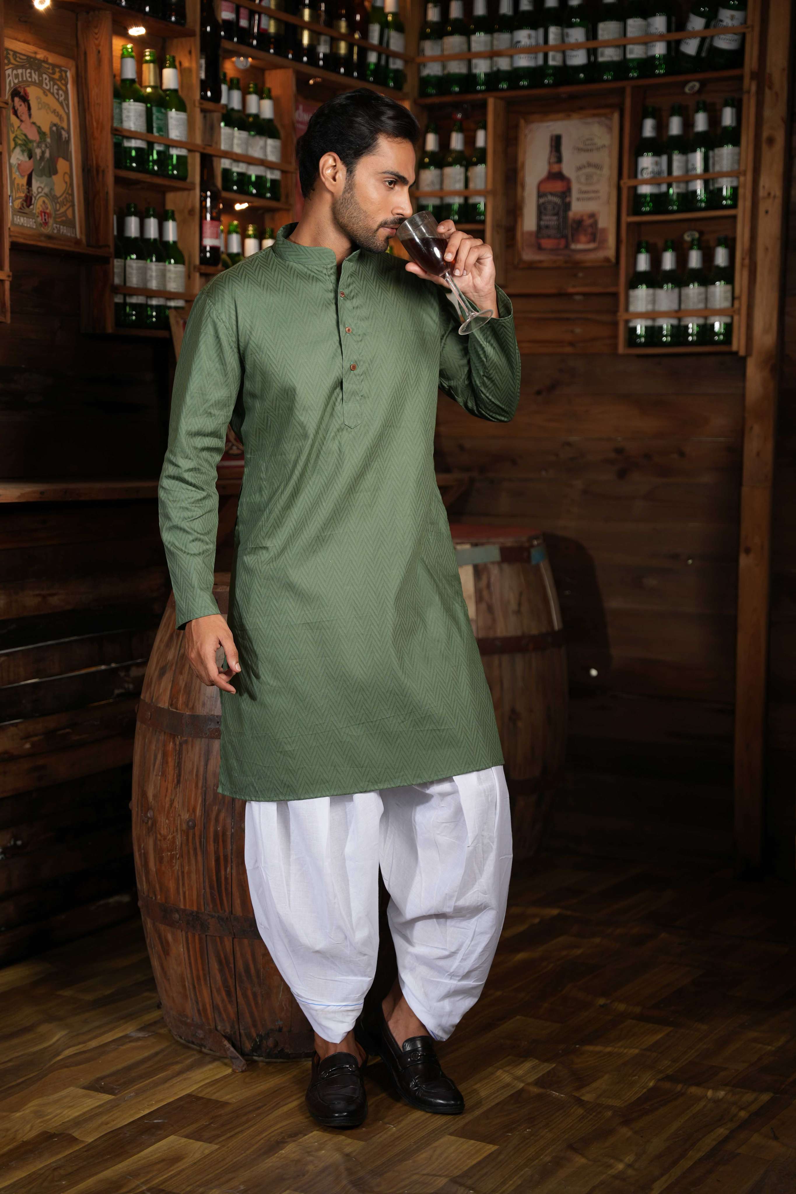 The Olive Green Chevron Long Kurta