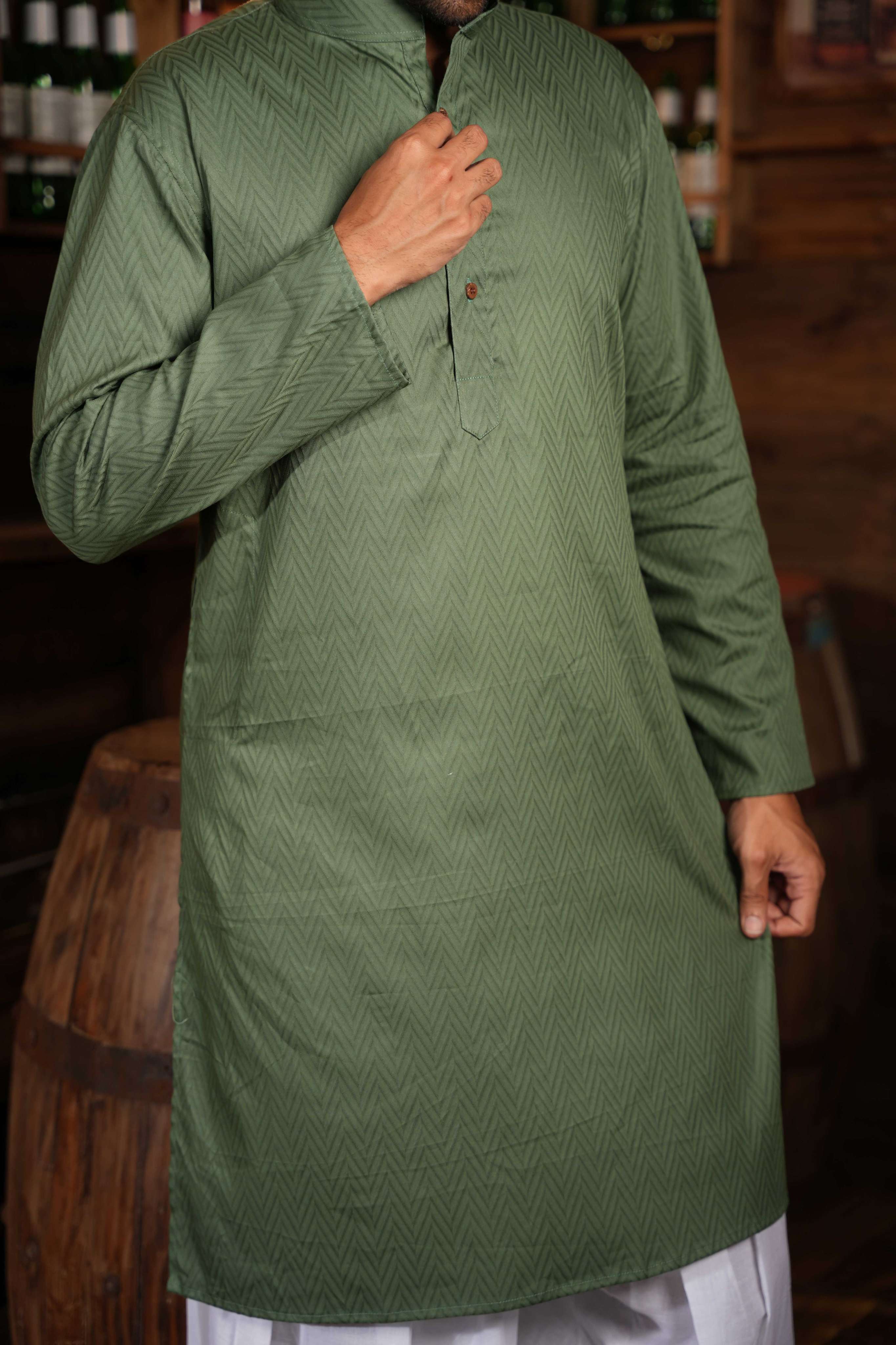 The Olive Green Chevron Long Kurta