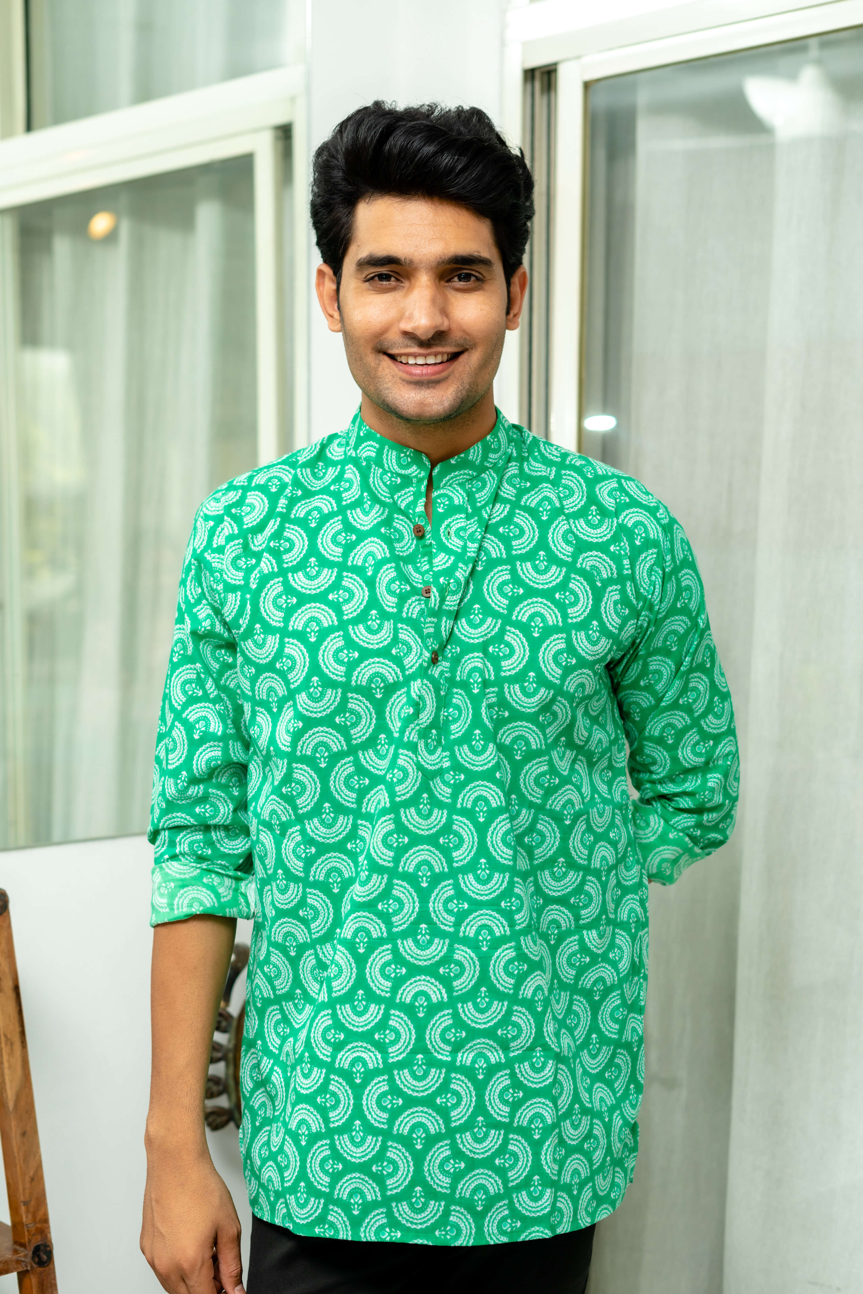 The Bright Green Short Kurta With White Tribal Print
