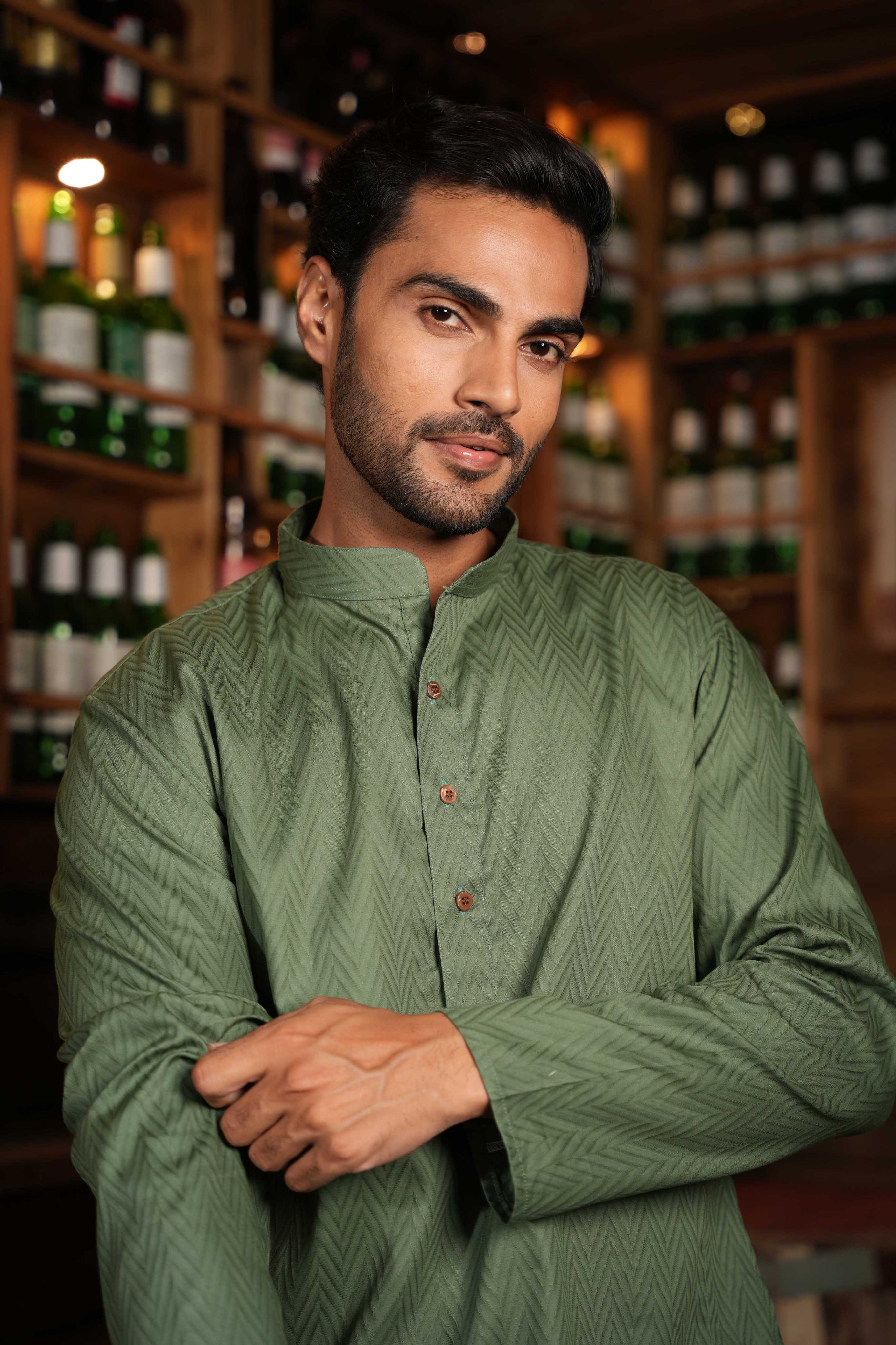 The Olive Green Chevron Long Kurta
