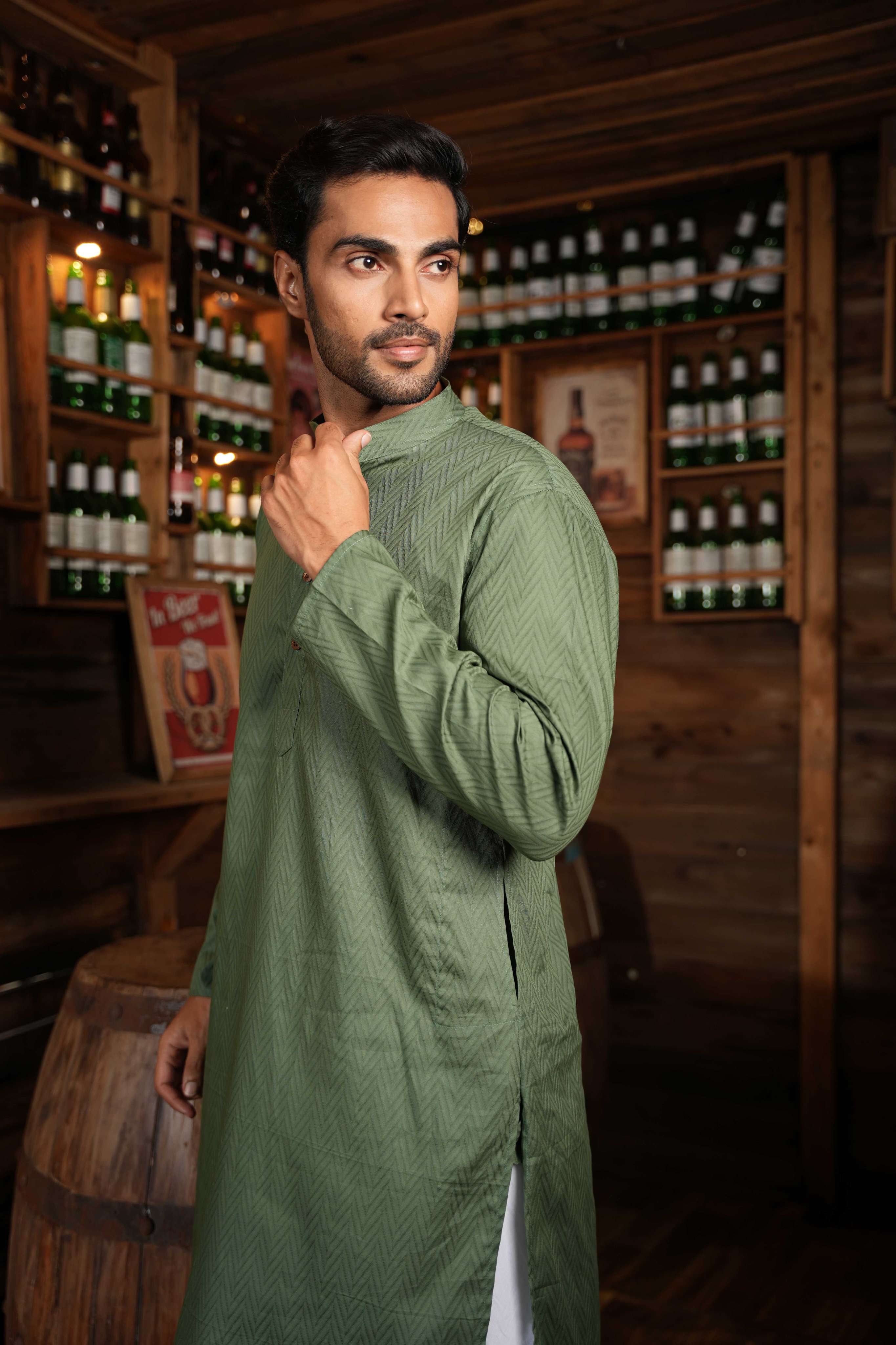 The Olive Green Chevron Long Kurta