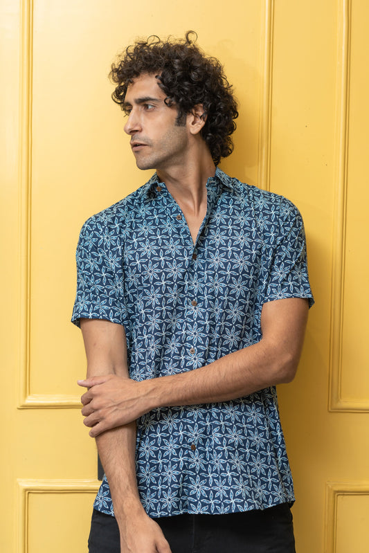 The Navy Blue All-Over Floral Print Half Sleeves Shirt