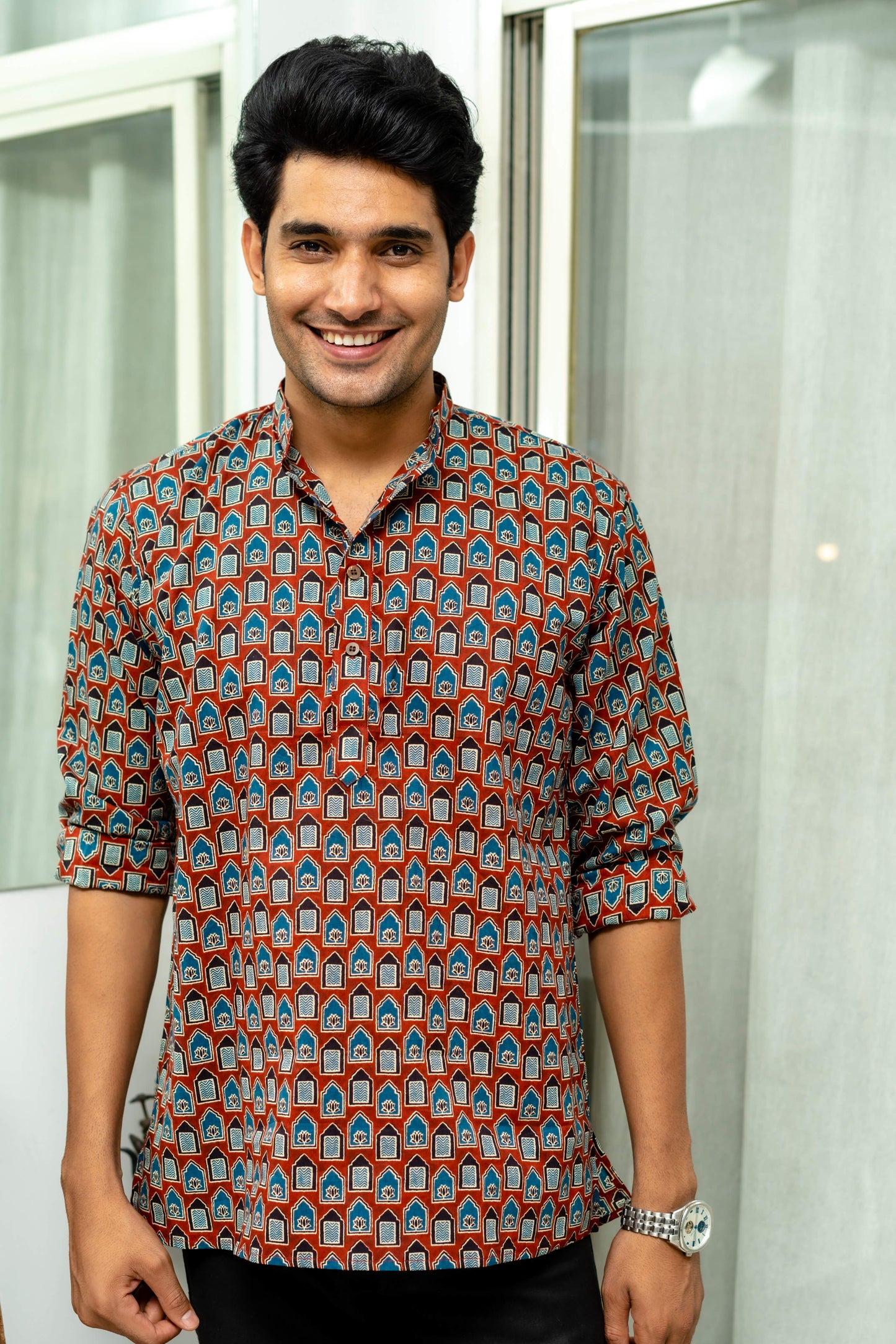 The Brick Color Short Kurta With Ethnic Tribal Print