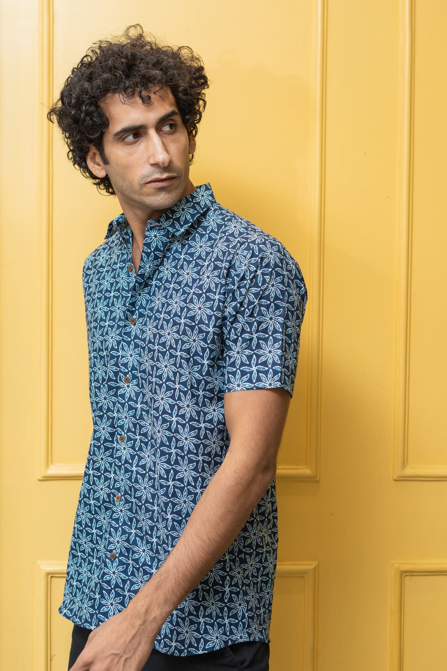 The Navy Blue All-Over Floral Print Half Sleeves Shirt
