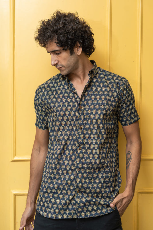 Blue Floral Ajrak Look Print Half Sleeves Shirt