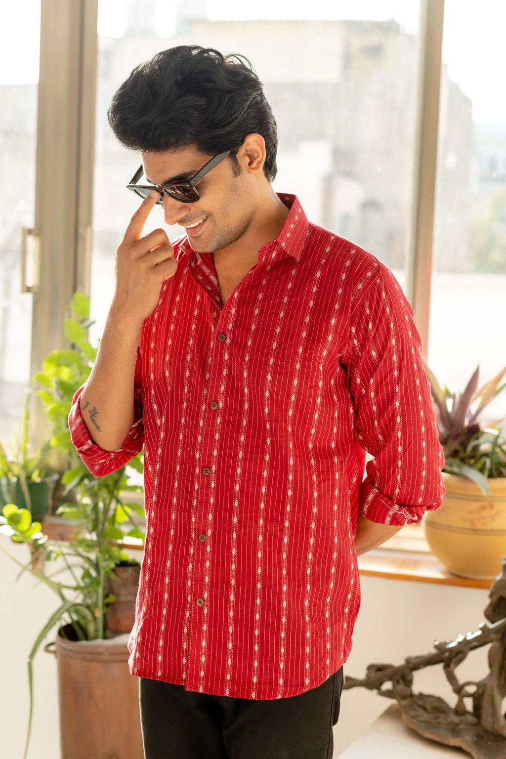 The Maroon Shirt With Striped Self Work
