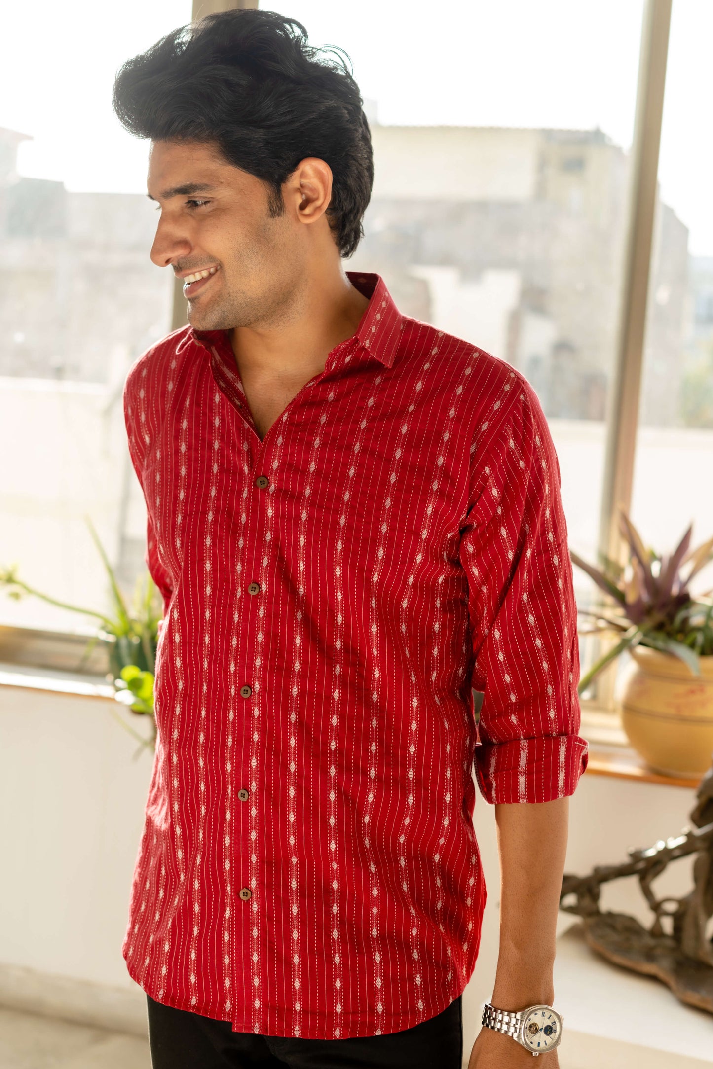 The Maroon Shirt With Striped Self Work