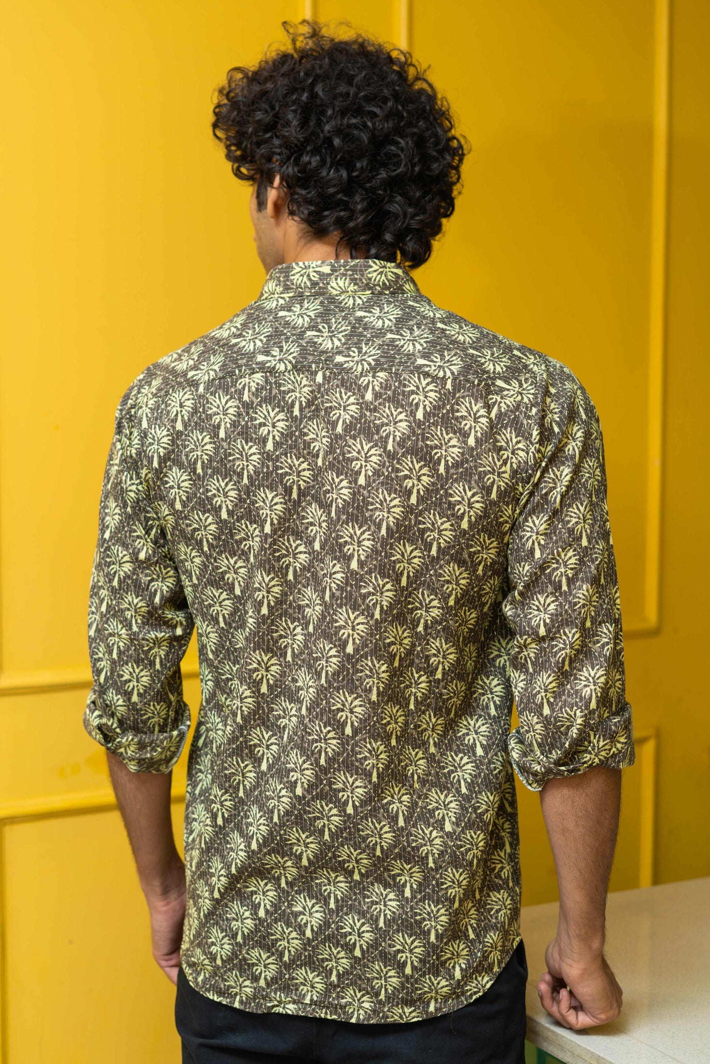 The Grey Palm Tree Print Shirt With Kantha Work