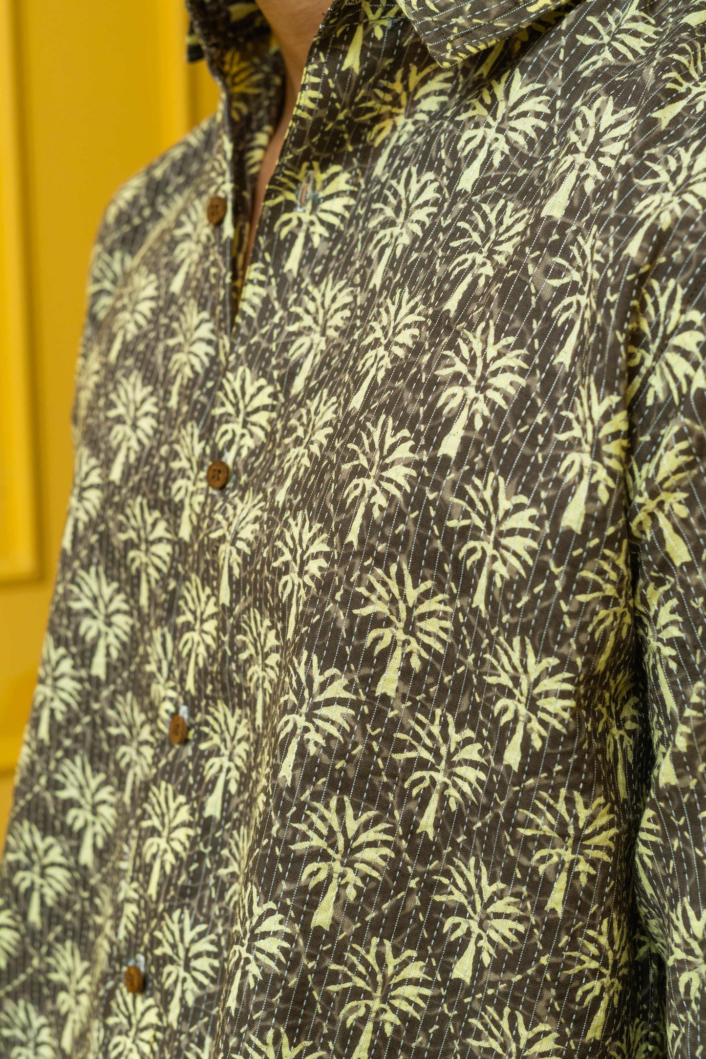The Grey Palm Tree Print Shirt With Kantha Work