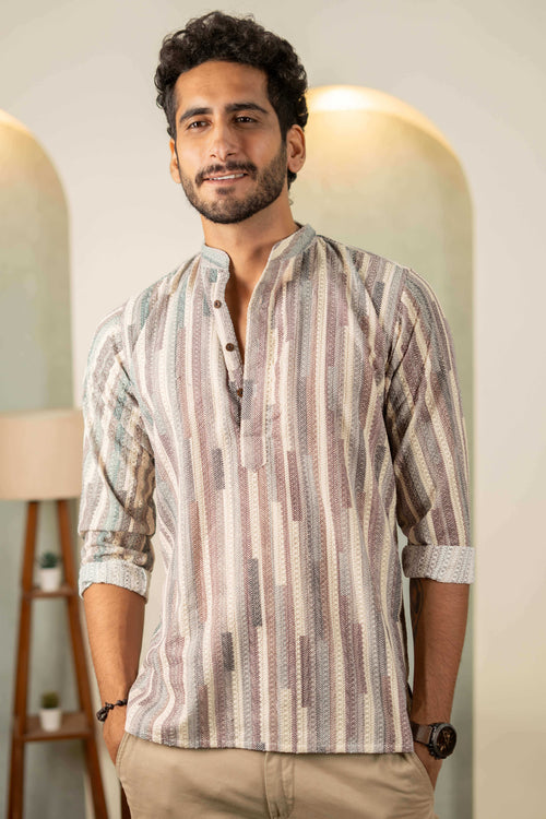 The Abstract Colorful Stripe Thread Self Work Short Kurta