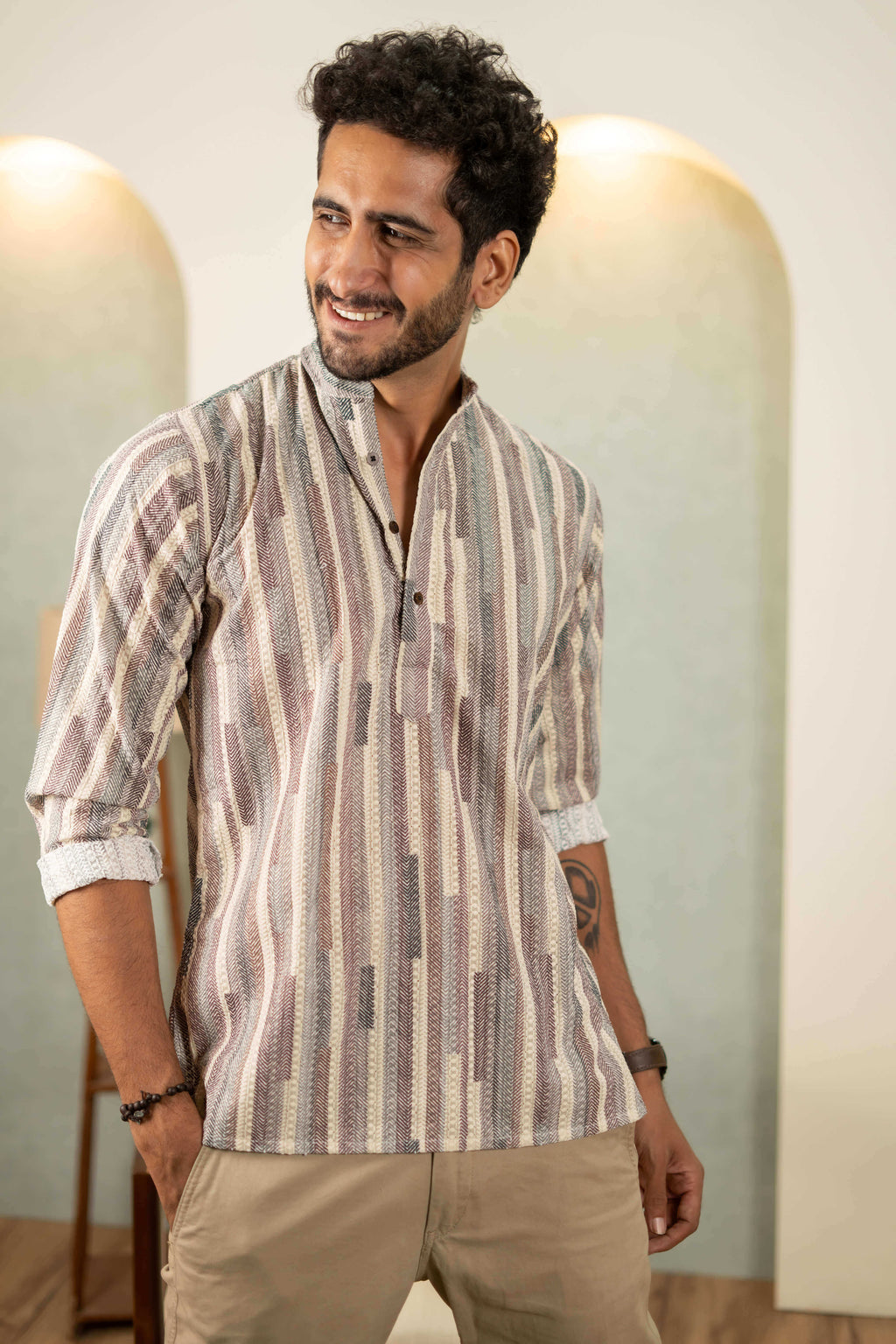 The Abstract Colorful Stripe Thread Self Work Short Kurta