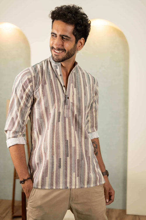 The Abstract Colorful Stripe Thread Self Work Short Kurta