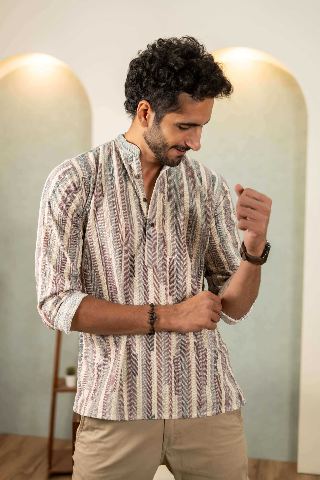 The Abstract Colorful Stripe Thread Self Work Short Kurta