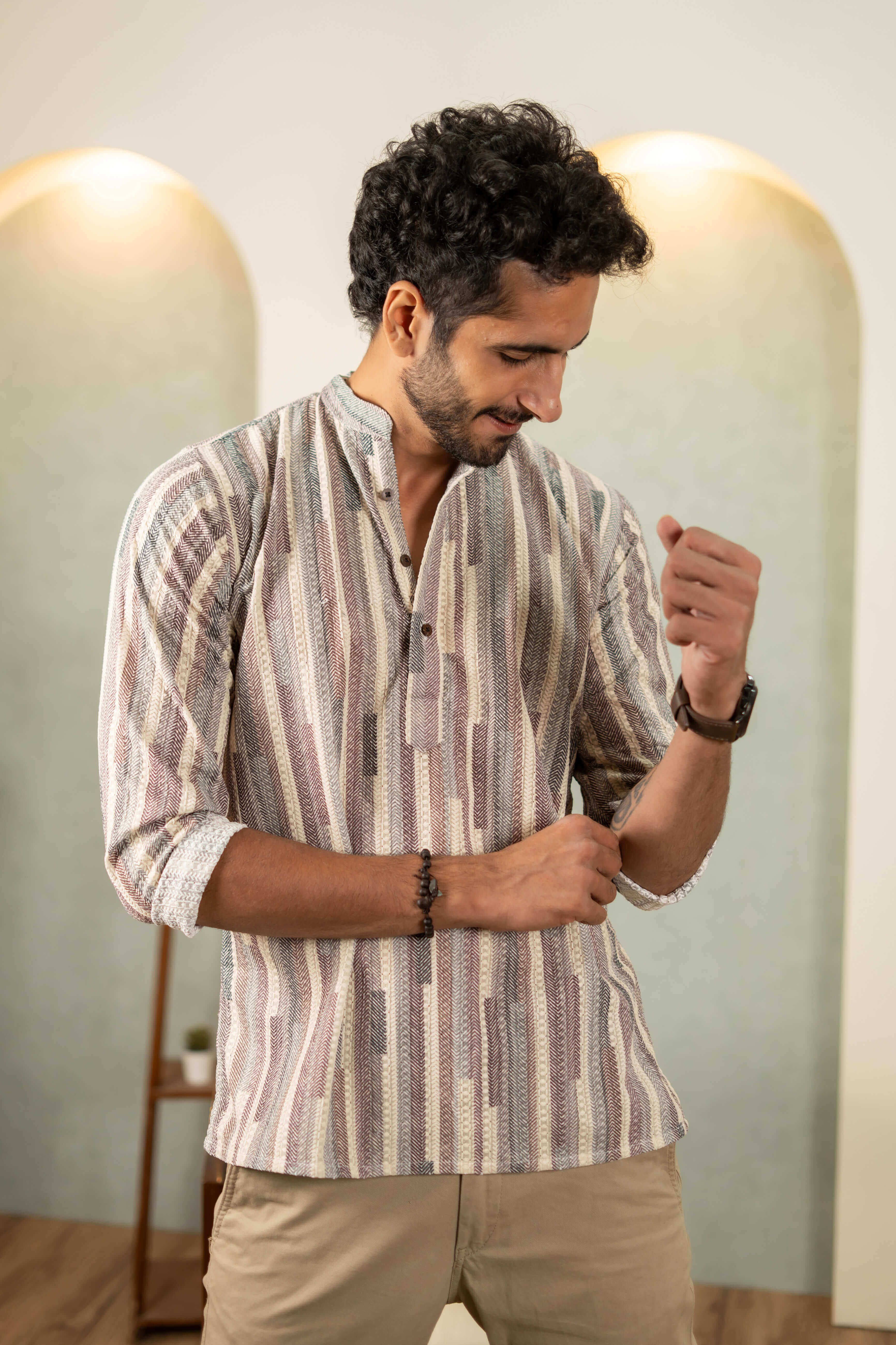 The Abstract Colorful Stripe Thread Self Work Short Kurta