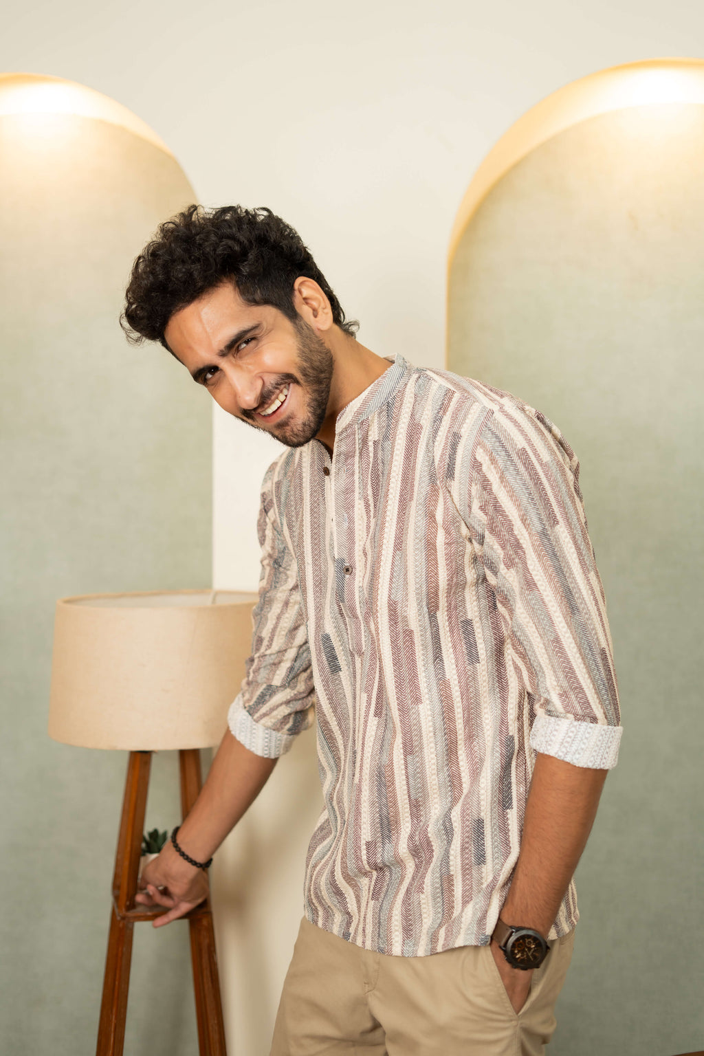 The Abstract Colorful Stripe Thread Self Work Short Kurta