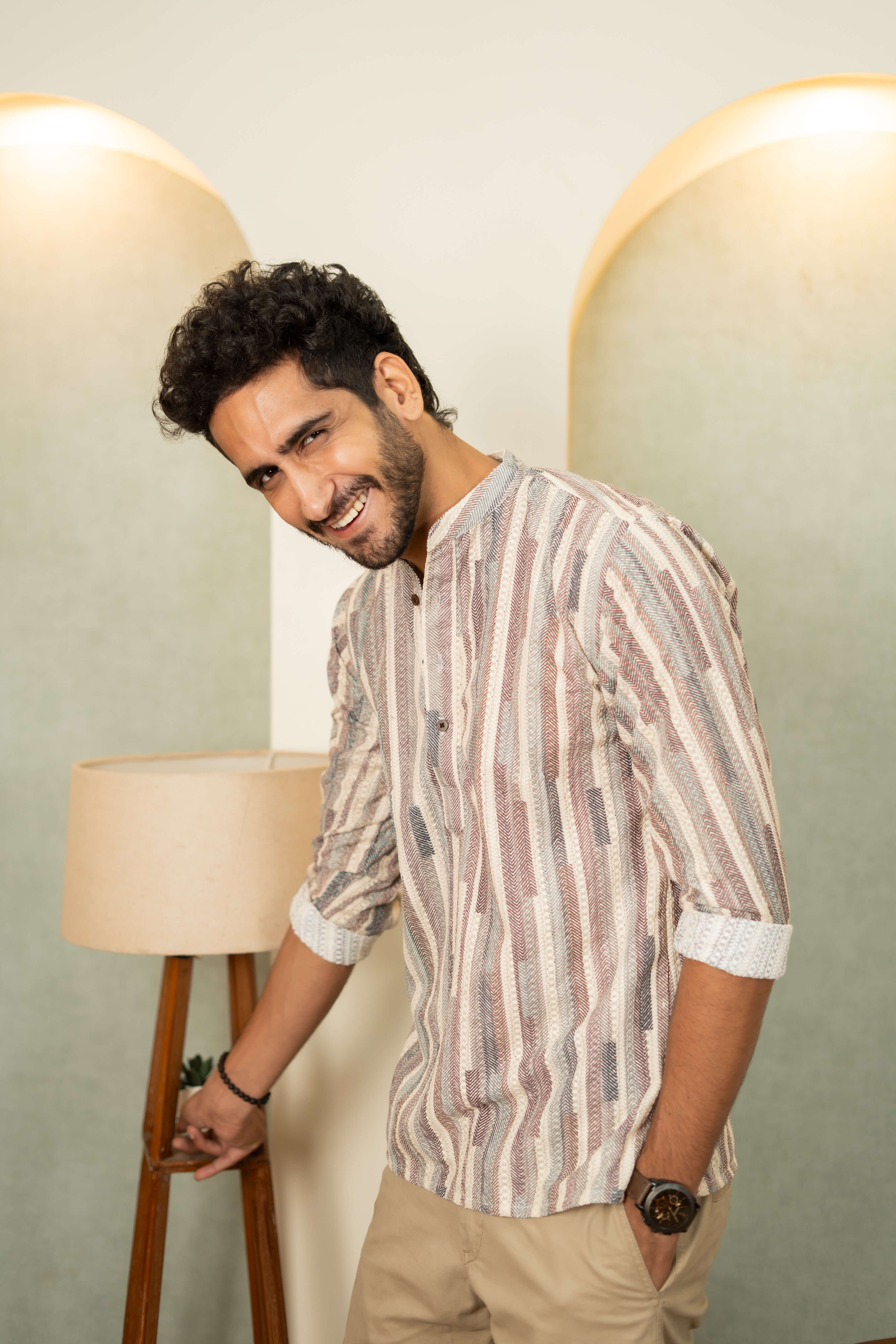 The Abstract Colorful Stripe Thread Self Work Short Kurta