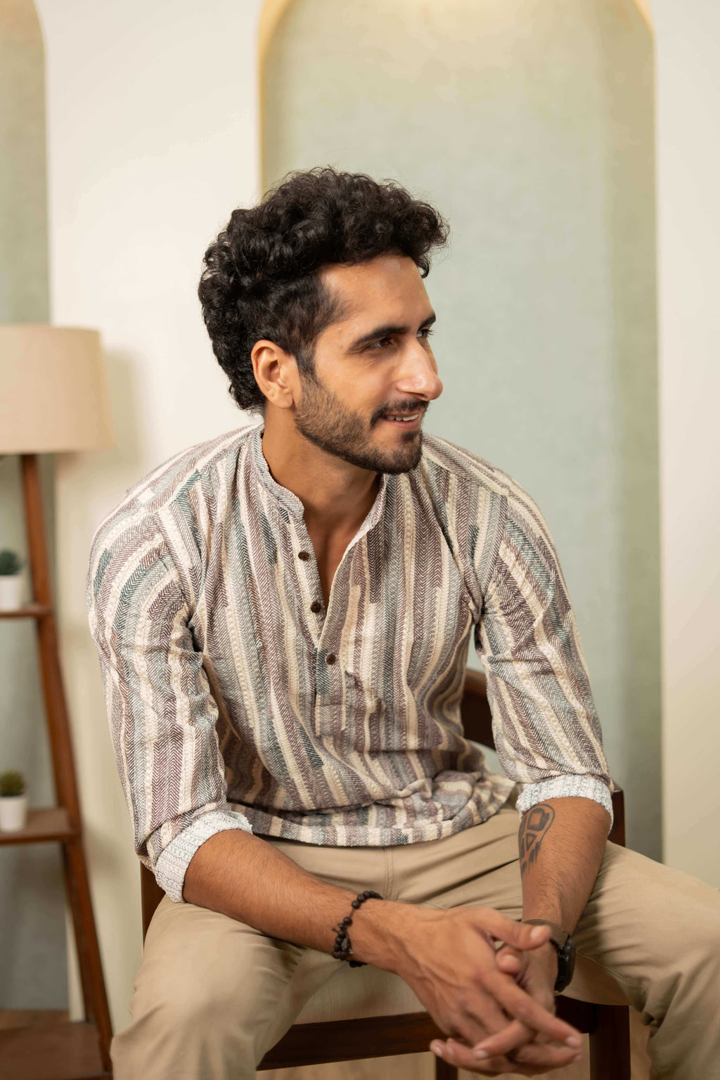 The Abstract Colorful Stripe Thread Self Work Short Kurta